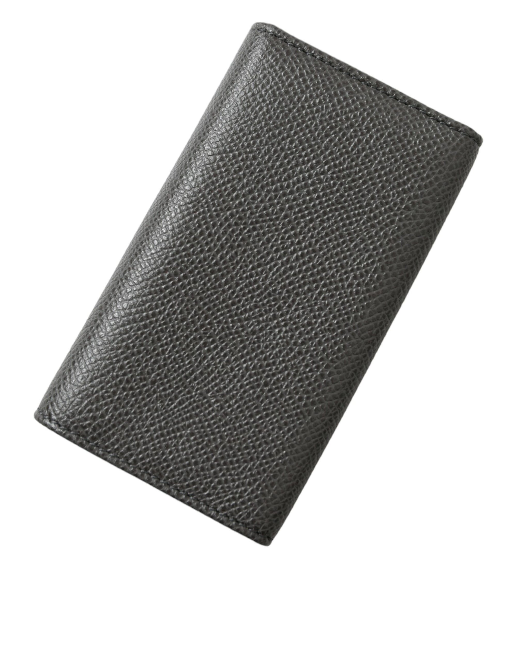 Dolce & Gabbana Gray Leather Silver Metal Logo Plaque Trifold Keyring - Maison Luxe
