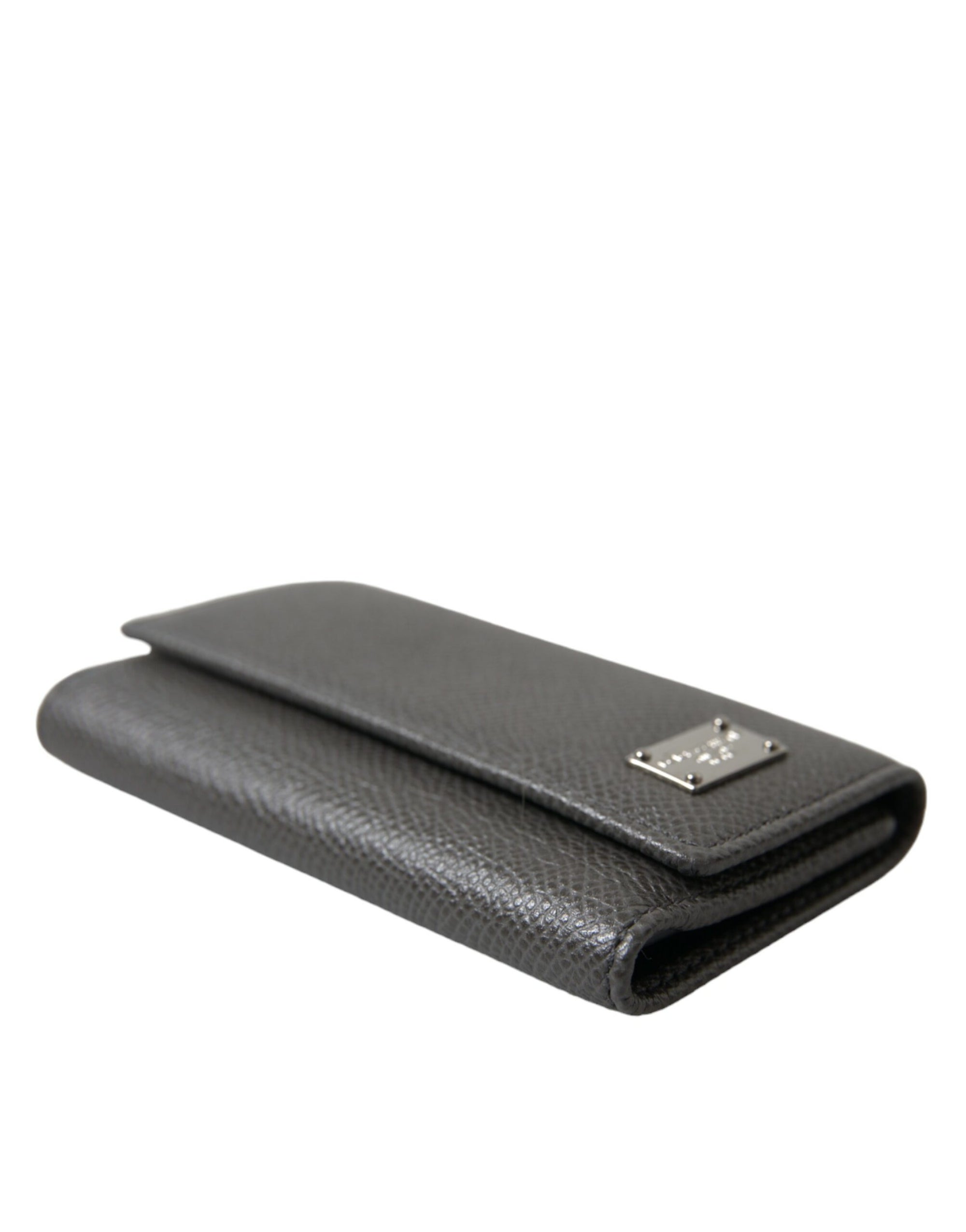 Dolce & Gabbana Gray Leather Silver Metal Logo Plaque Trifold Keyring - Maison Luxe