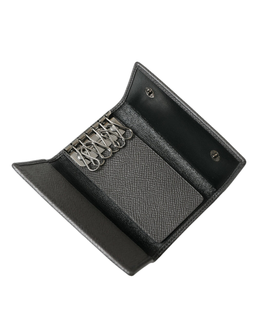Dolce & Gabbana Gray Leather Silver Metal Logo Plaque Trifold Keyring - Maison Luxe