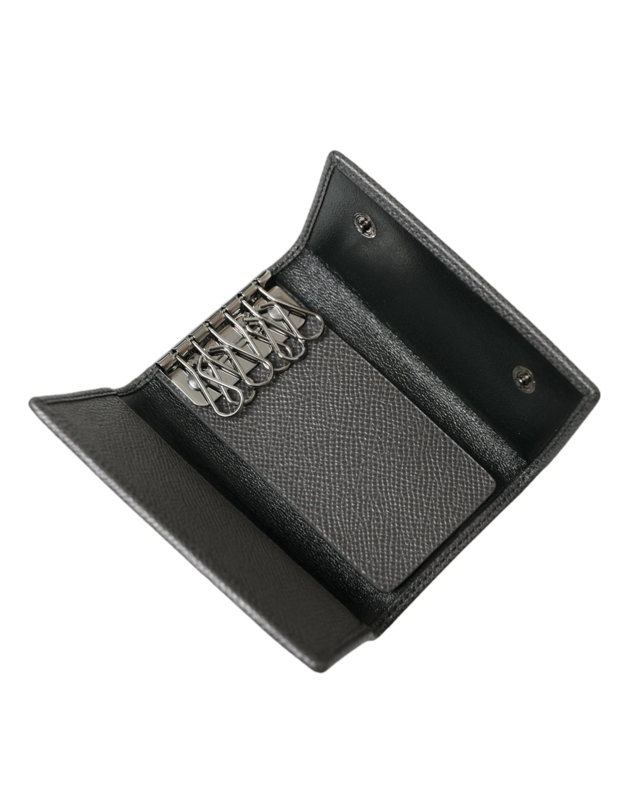 Dolce & Gabbana Gray Leather Silver Metal Logo Plaque Trifold Keyring - Maison Luxe