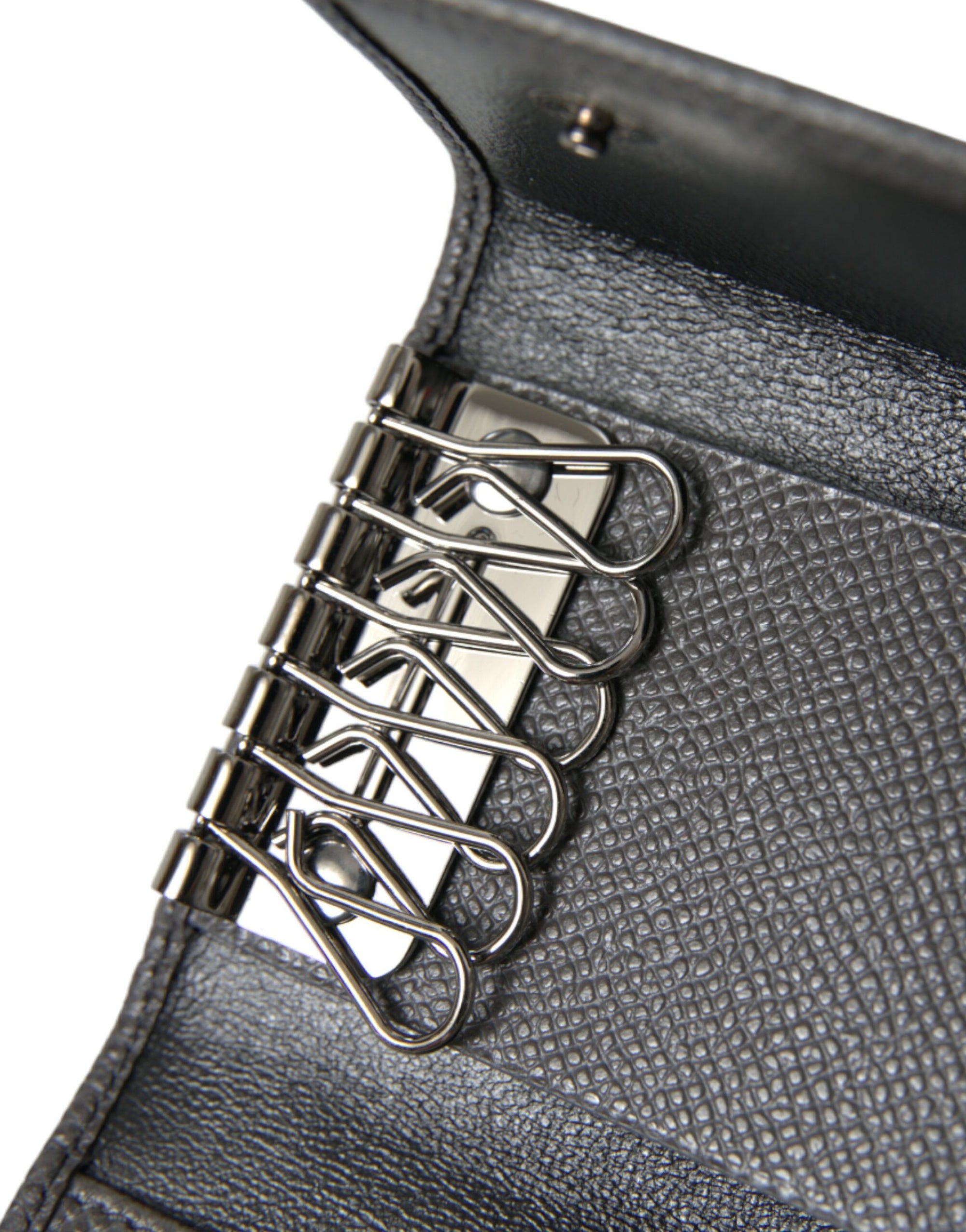 Dolce & Gabbana Gray Leather Silver Metal Logo Plaque Trifold Keyring - Maison Luxe
