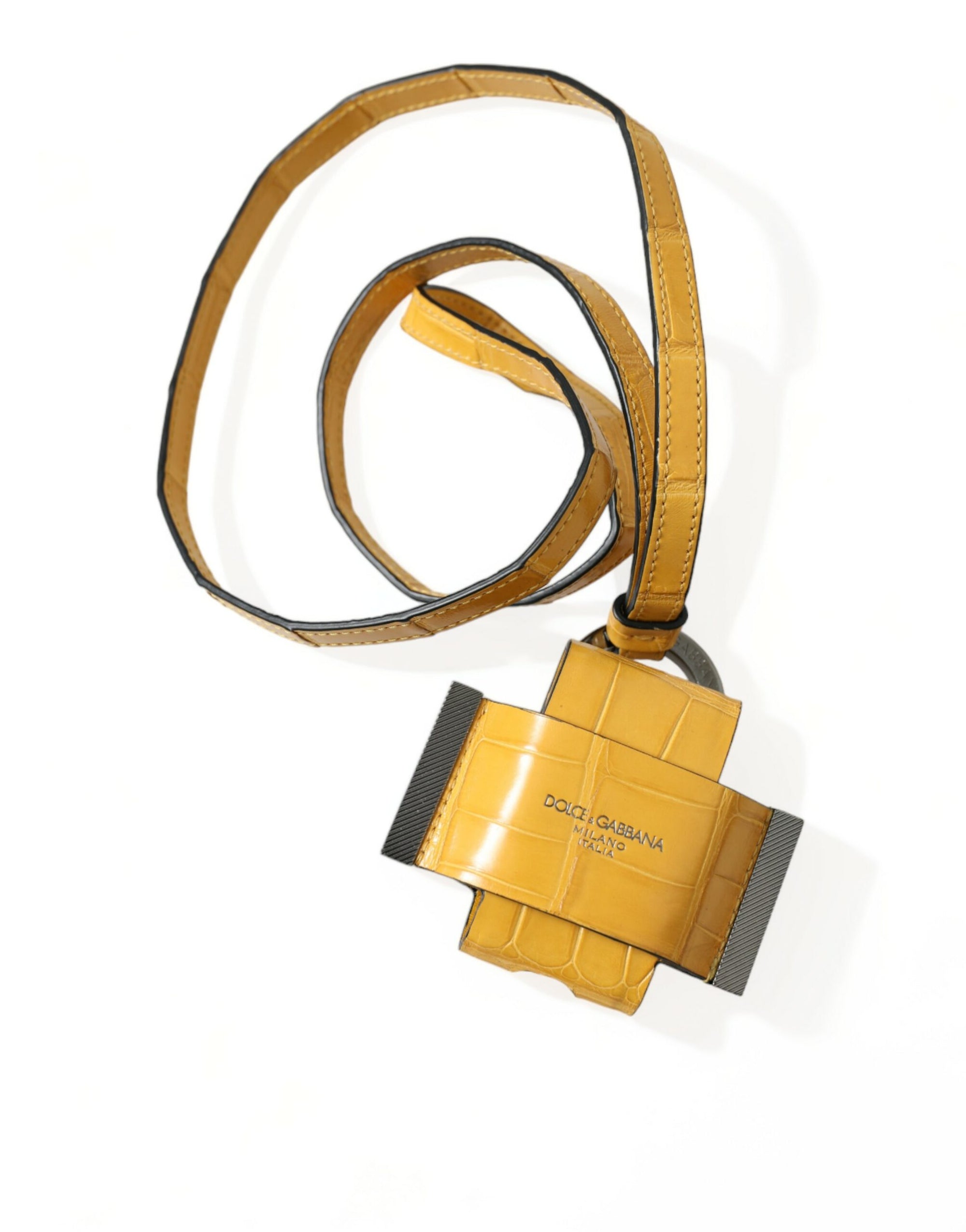 Dolce & Gabbana Yellow Crocodile Leather Logo Print Lanyard Keychain - Maison Luxe