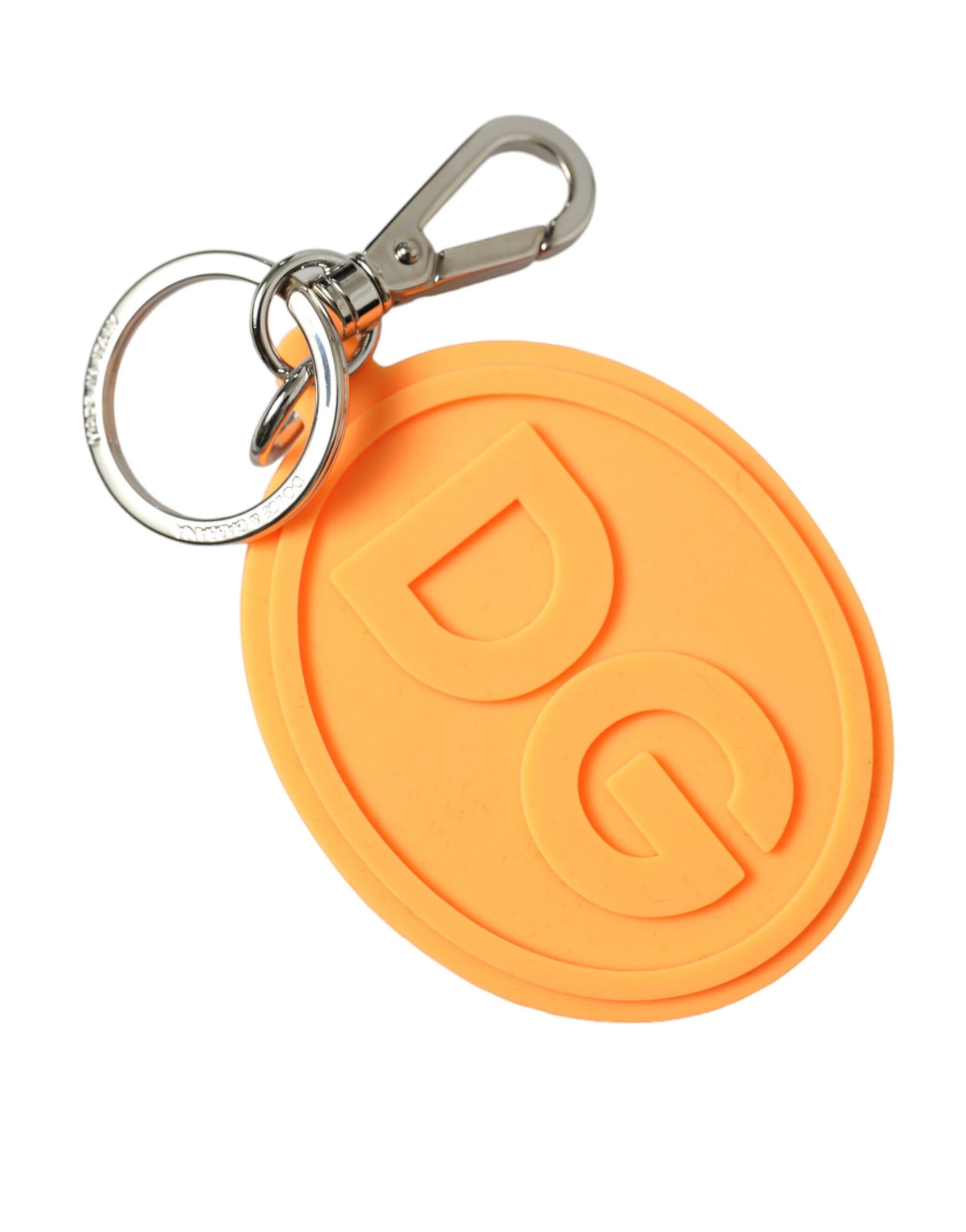 Dolce & Gabbana Orange Rubber DG Logo Silver Brass Metal Keyring Keychain - Maison Luxe