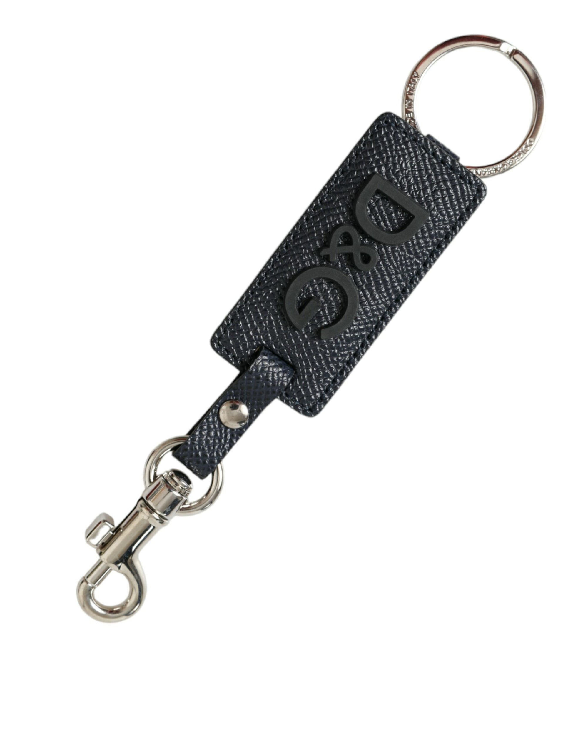 Dolce & Gabbana Black Calf Leather DG Logo Silver Brass Keyring Keychain - Maison Luxe