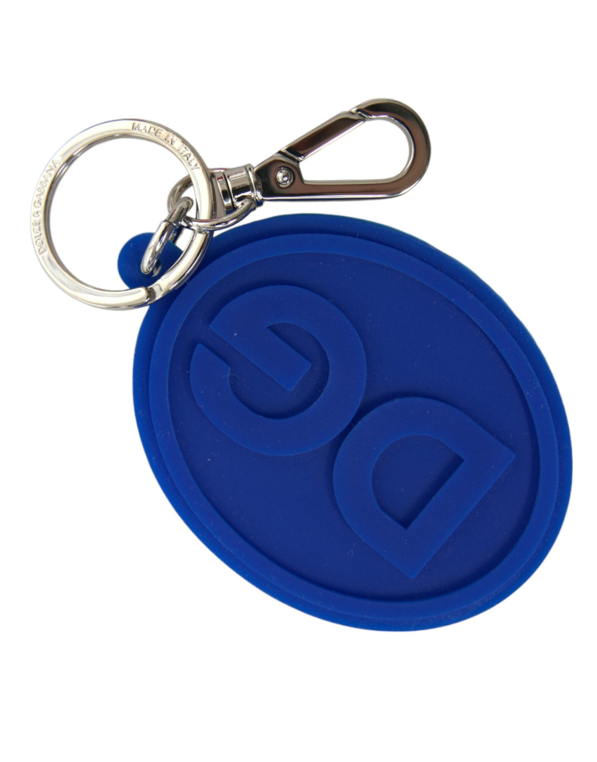 Dolce & Gabbana Blue Rubber DG Logo Silver Brass Metal Keyring Keychain - Maison Luxe