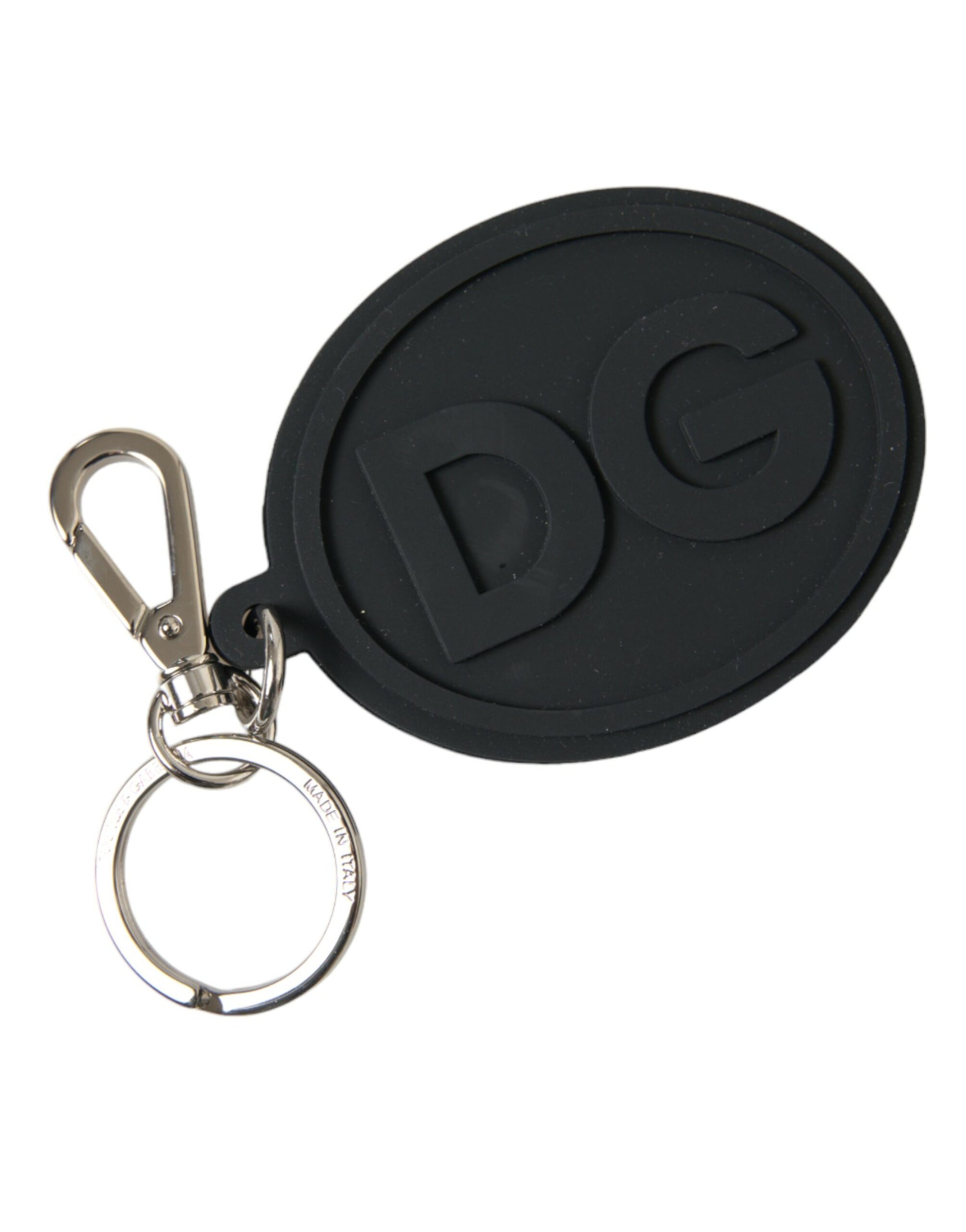 Dolce & Gabbana Black Rubber DG Logo Silver Brass Metal Keyring Keychain - Maison Luxe
