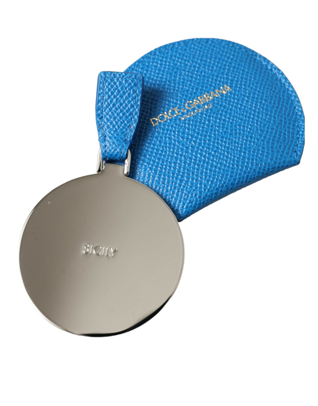 Dolce & Gabbana Blue Calfskin Leather Round Logo Hand Mirror Holder - Maison Luxe