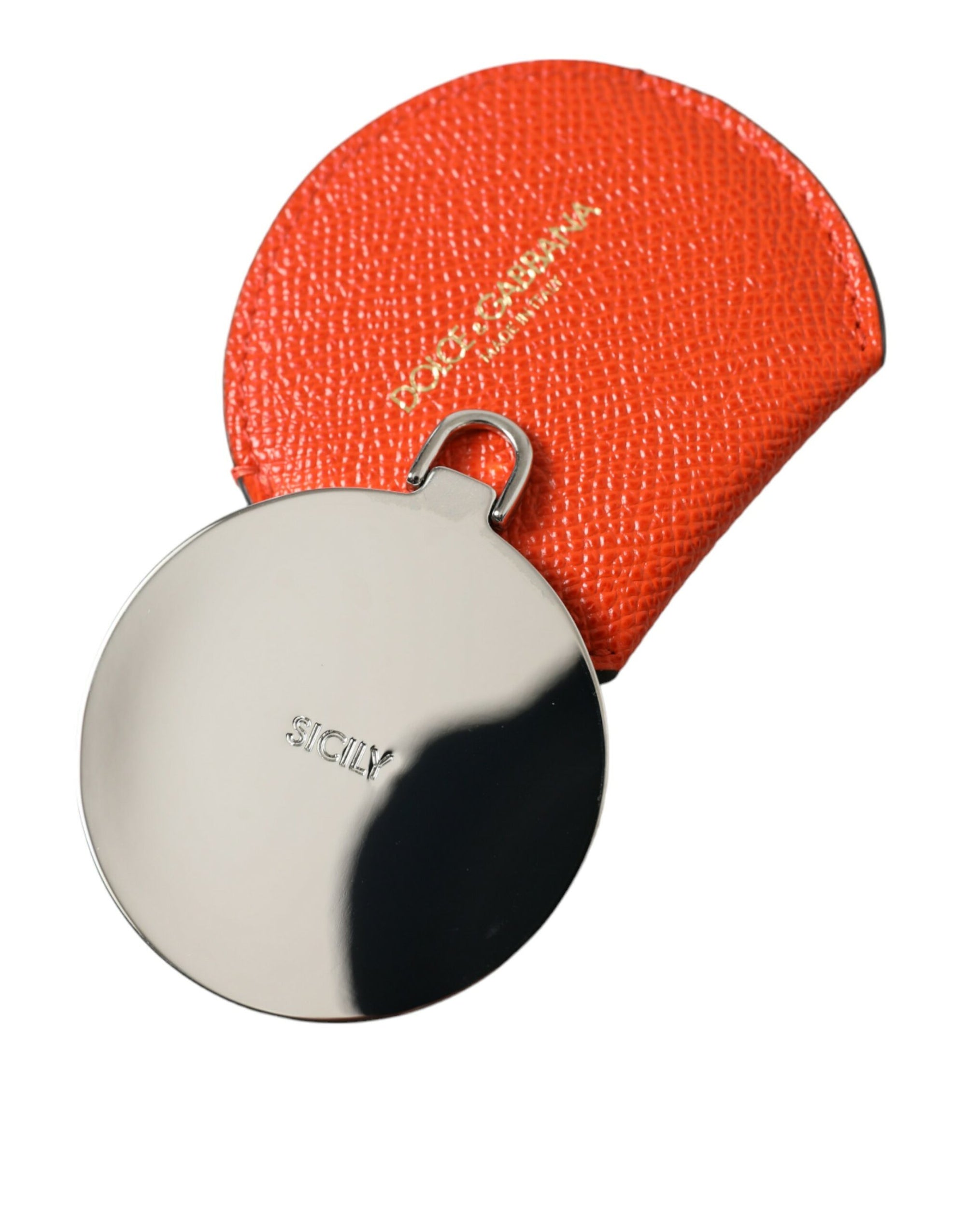 Dolce & Gabbana Orange Calfskin Leather Round Logo Hand Mirror Holder - Maison Luxe