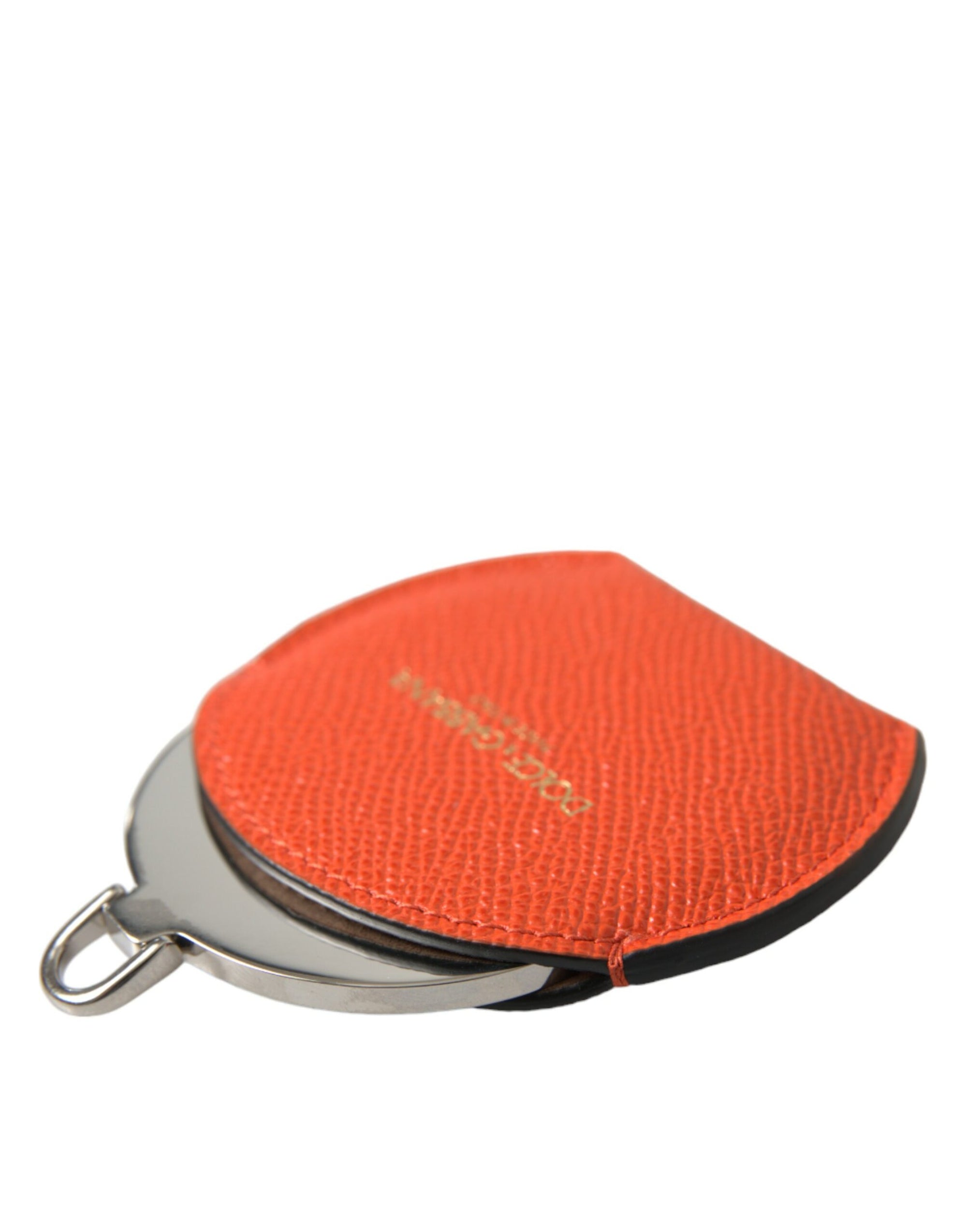 Dolce & Gabbana Orange Calfskin Leather Round Logo Hand Mirror Holder - Maison Luxe