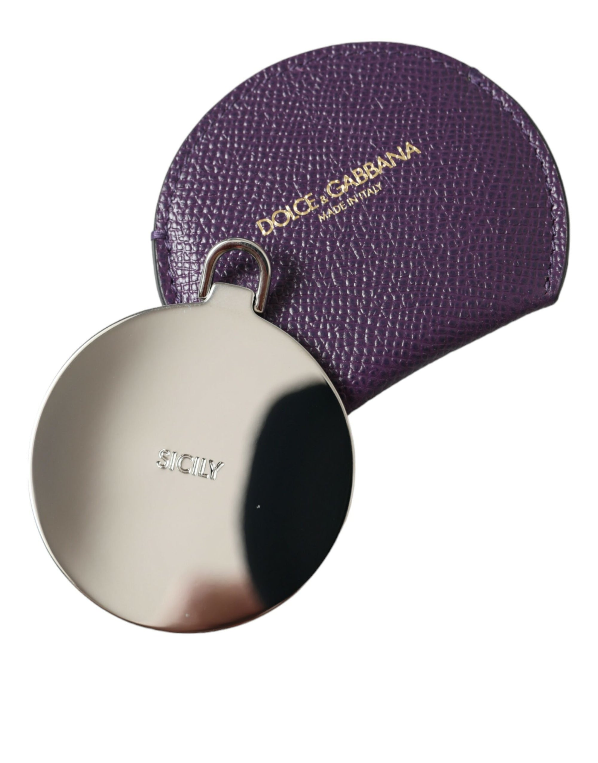 Dolce & Gabbana Purple Calfskin Leather Round Logo Hand Mirror Holder - Maison Luxe