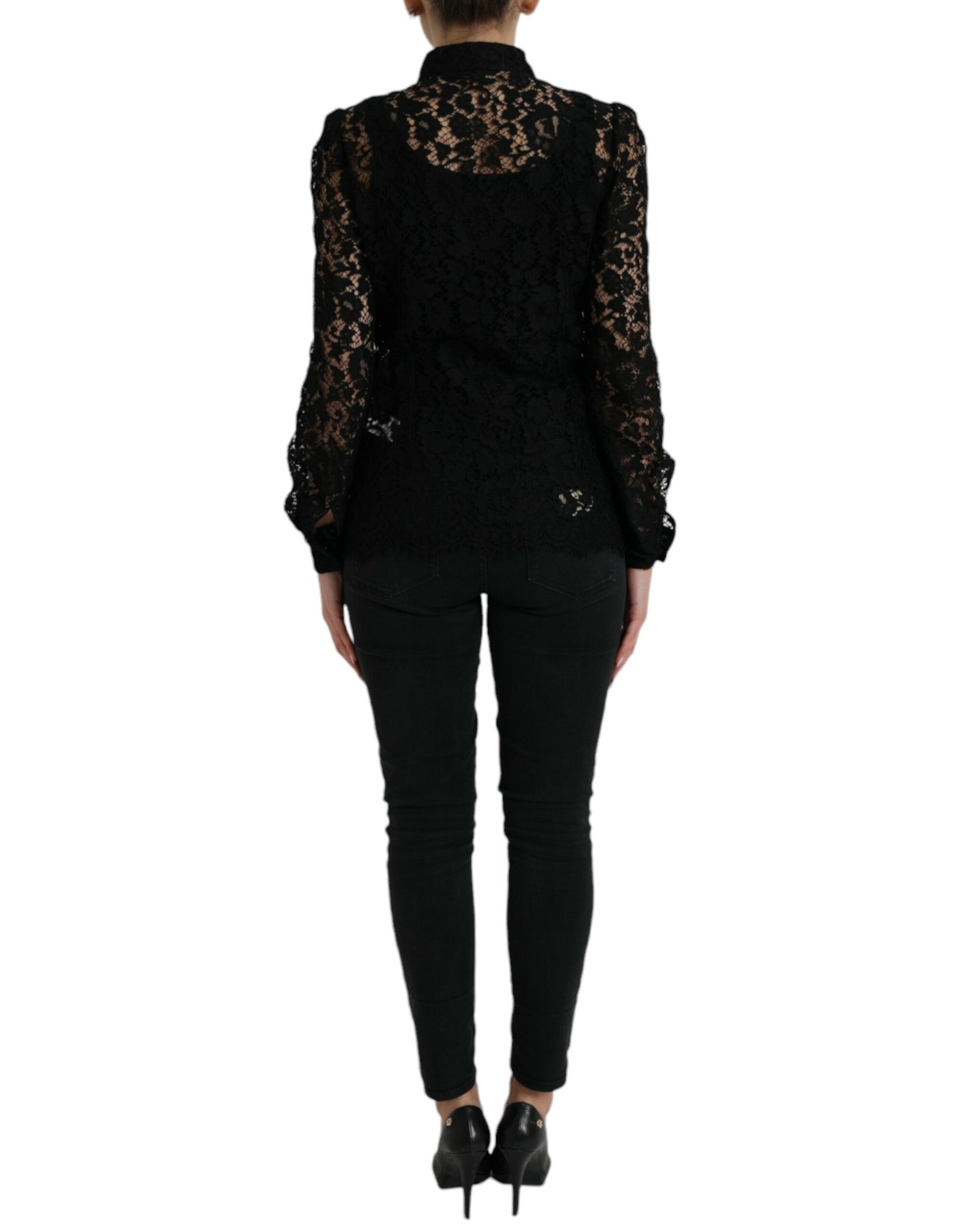 Dolce & Gabbana Black Floral Lace Long Sleeves Blouse Top