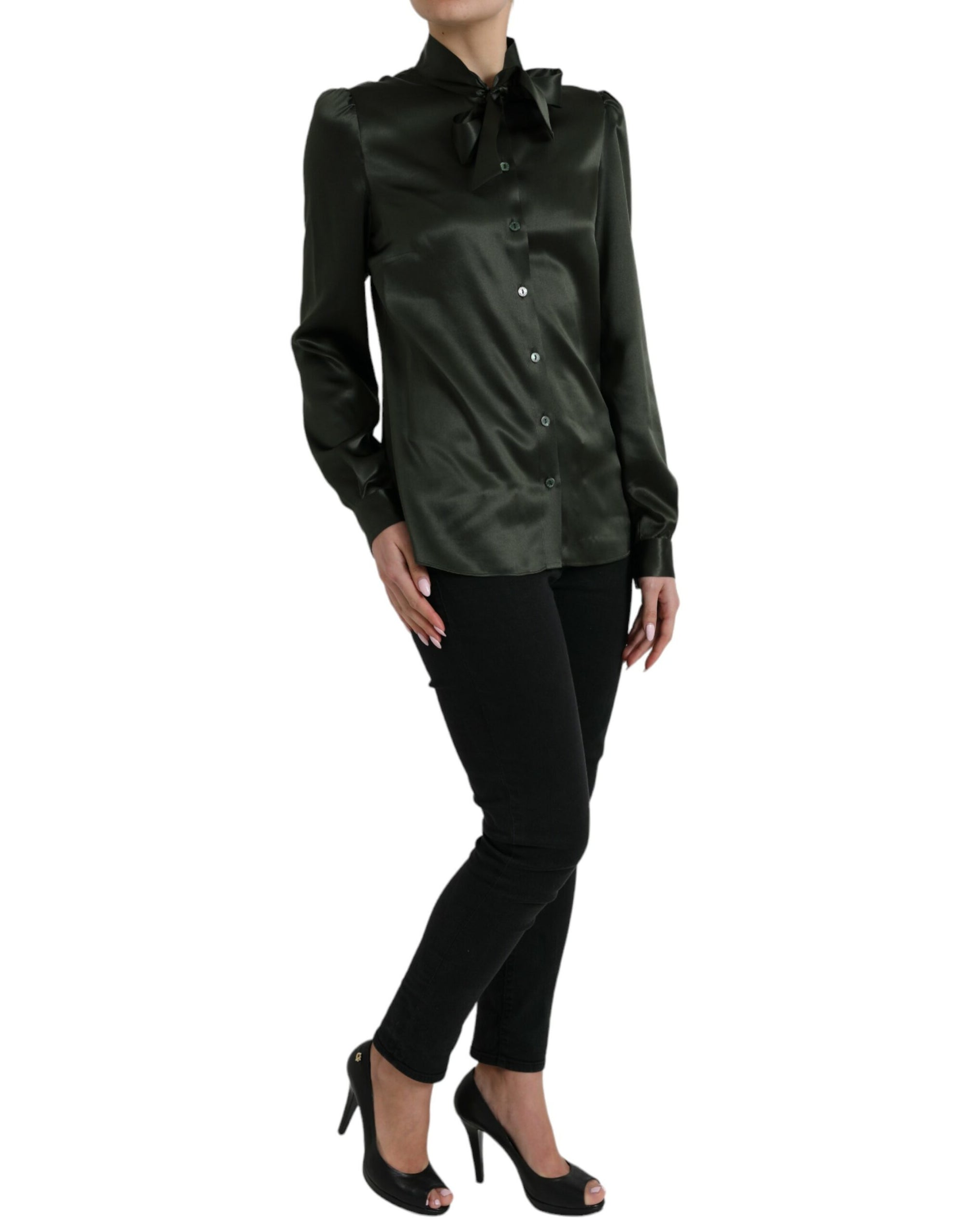 Dolce & Gabbana Gray Long Sleeves Ascot Collar Blouse Top