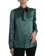 Dolce & Gabbana Dark Green Silk Ascot Collar Blouse Top