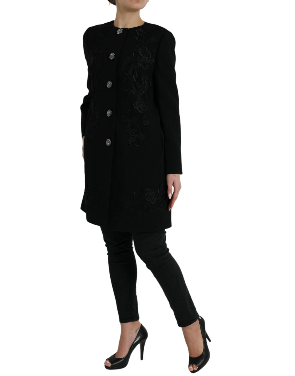Dolce & Gabbana Black Floral Wool Button Embellished Jacket