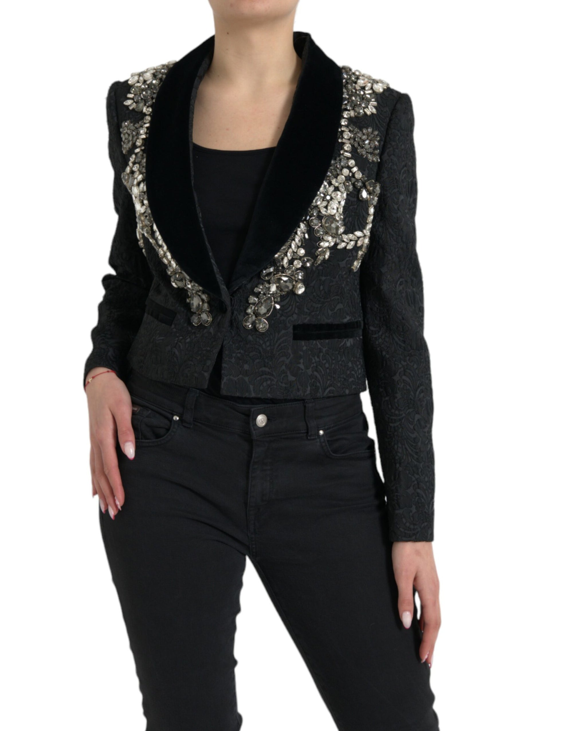 Dolce & Gabbana Black Crystal Embellished Overcoat Jacket