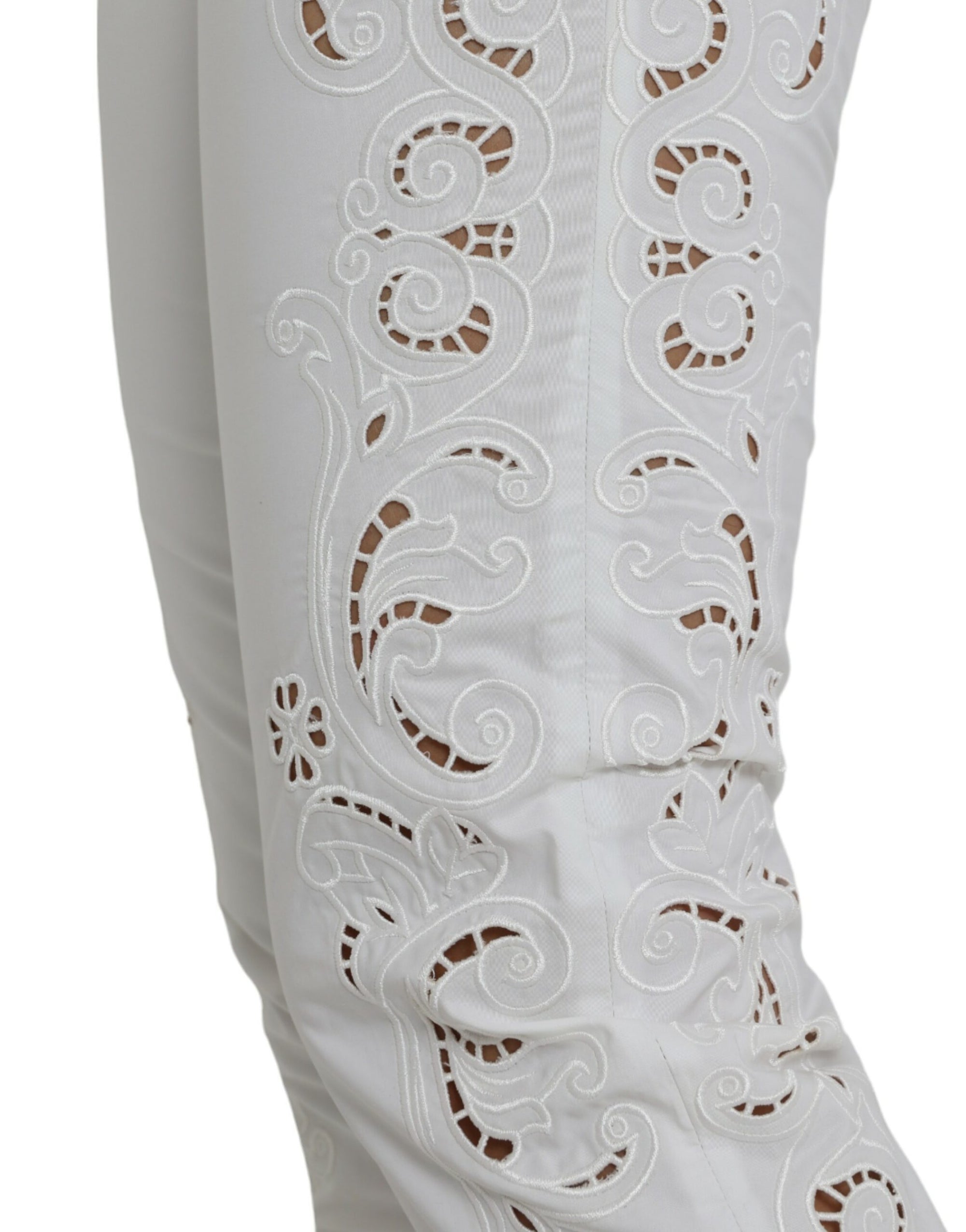 Dolce & Gabbana White Cut Out Cotton Mid Waist Cropped Pants