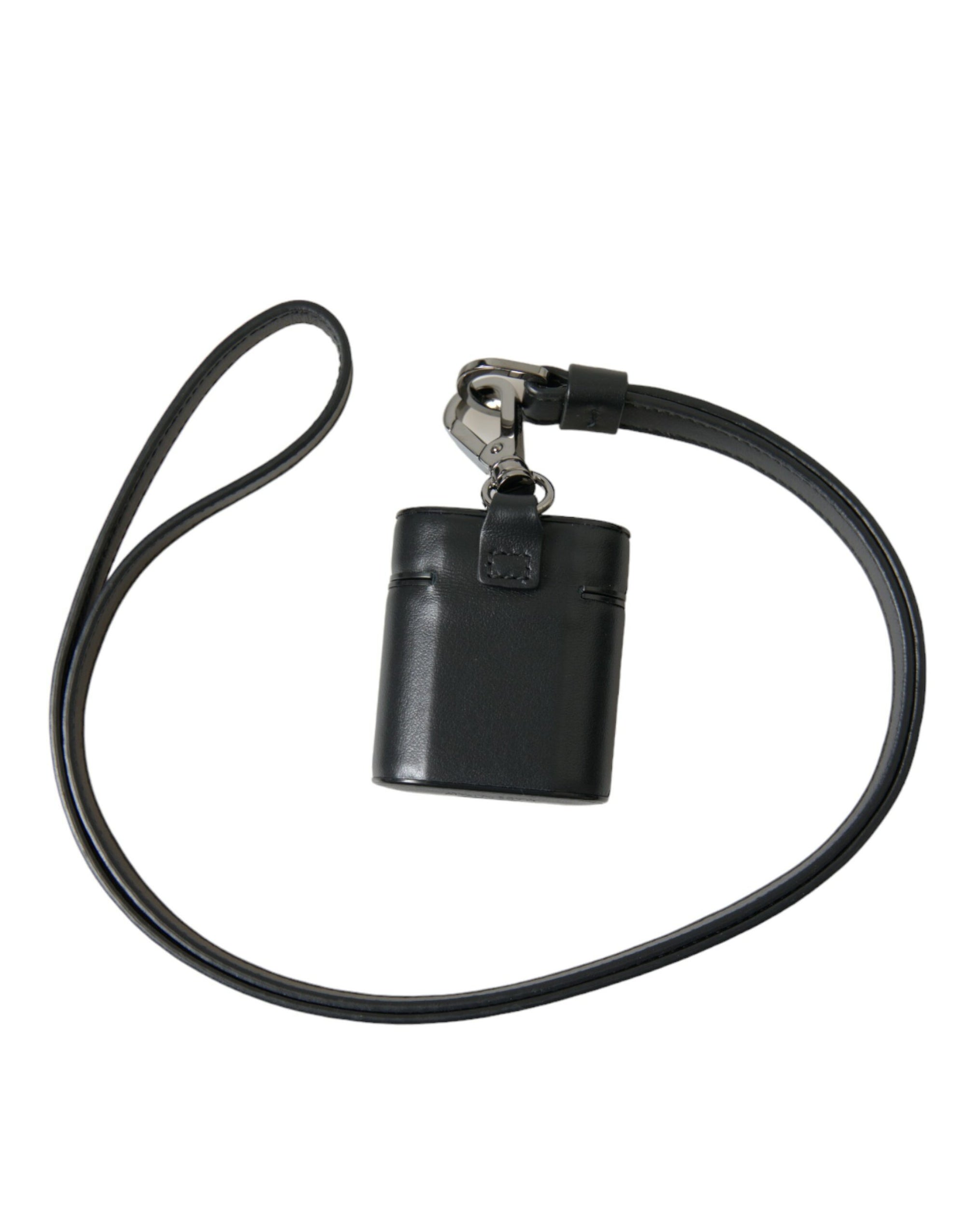 Dolce & Gabbana Black Leather Strap Silver Metal Logo Printed Airpods Case - Maison Luxe