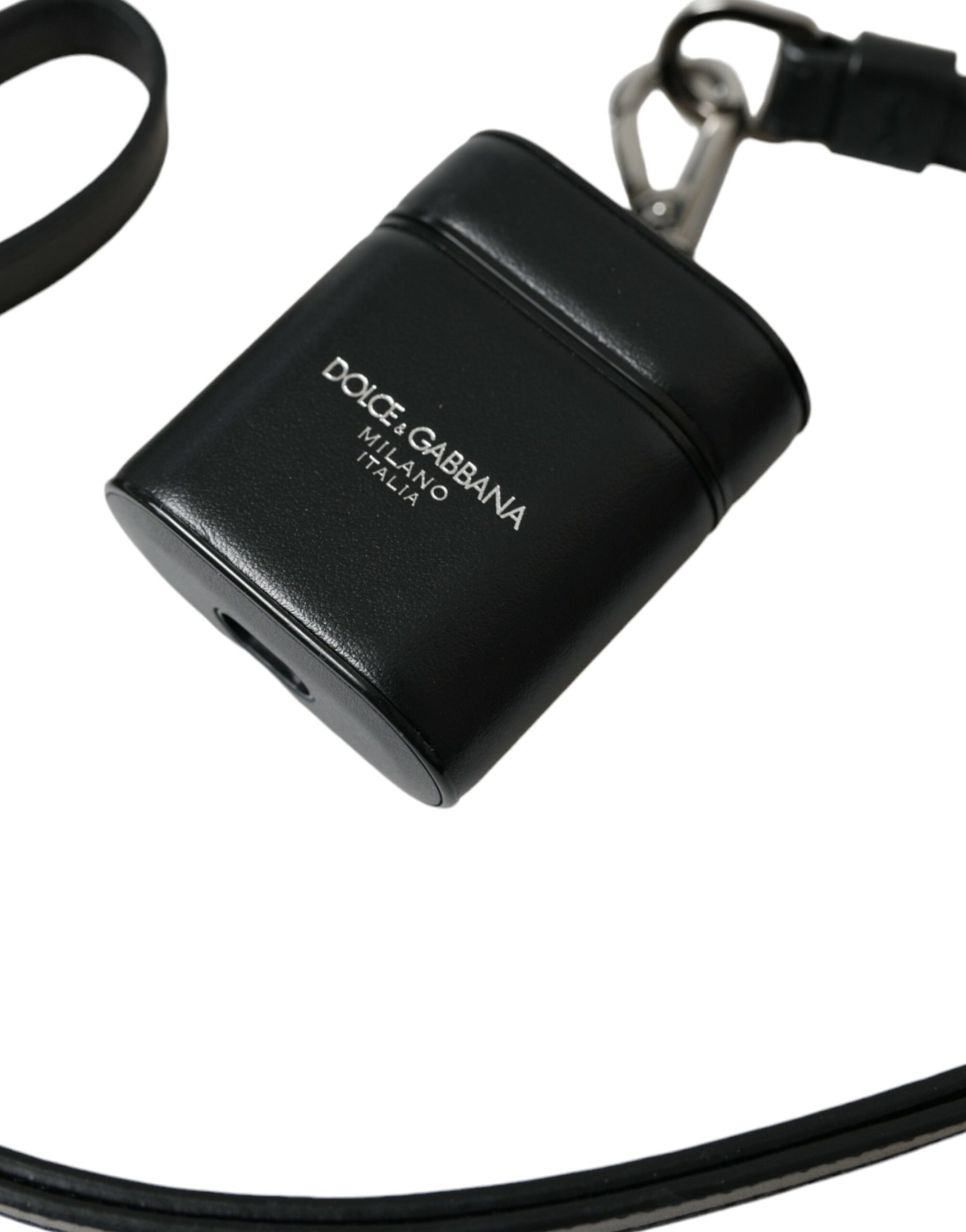 Dolce & Gabbana Black Leather Strap Silver Metal Logo Printed Airpods Case - Maison Luxe