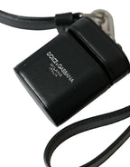Dolce & Gabbana Black Leather Strap Silver Metal Logo Printed Airpods Case - Maison Luxe