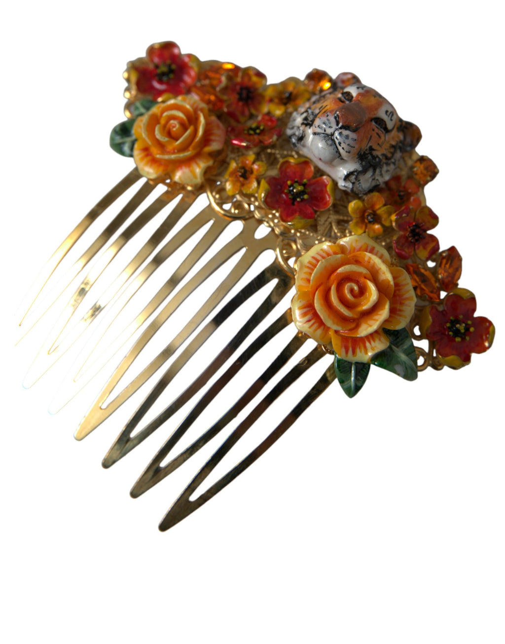 Dolce & Gabbana Gold Brass Crystal Leopard Floral Hair Comb - Maison Luxe