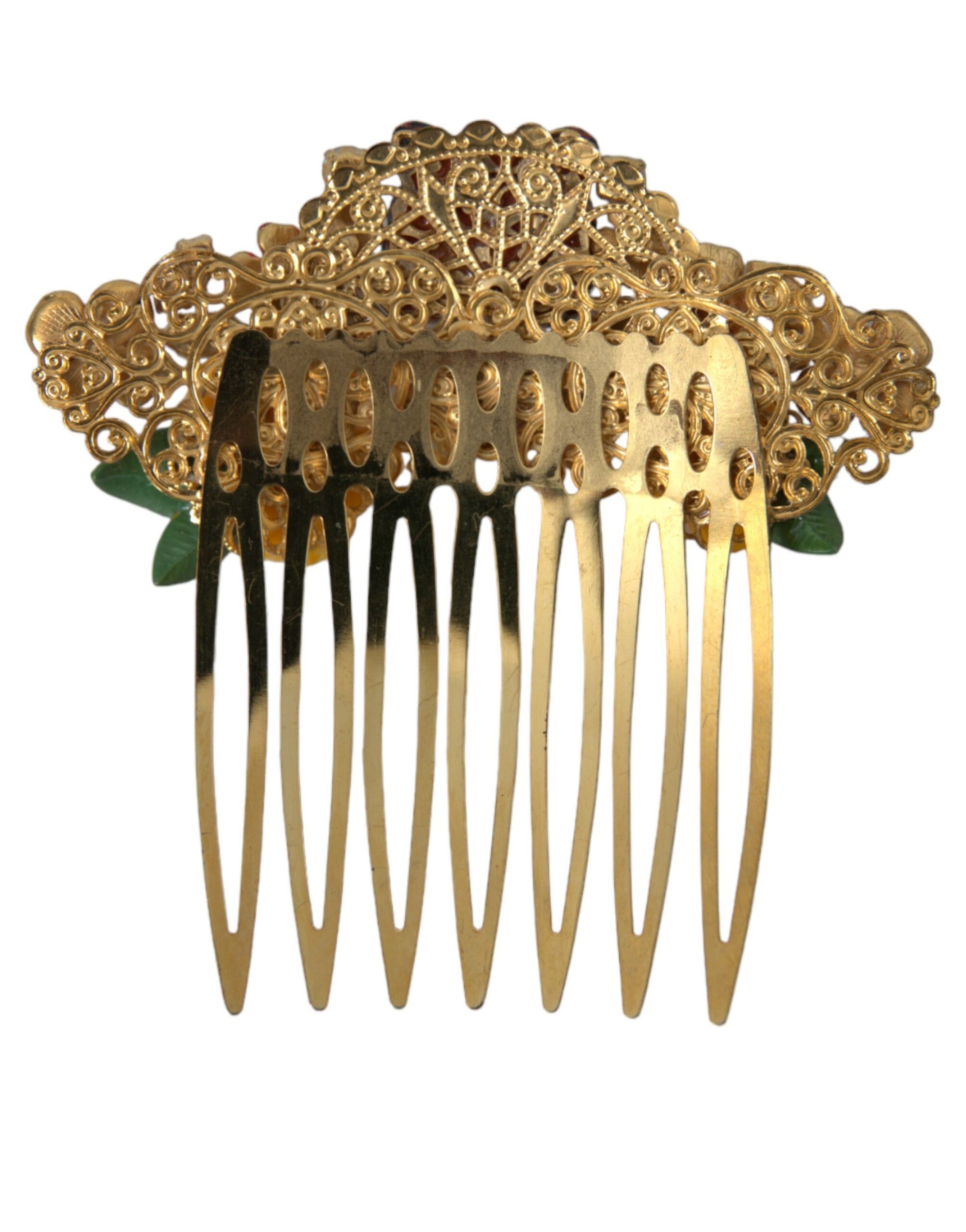 Dolce & Gabbana Gold Brass Crystal Leopard Floral Hair Comb - Maison Luxe