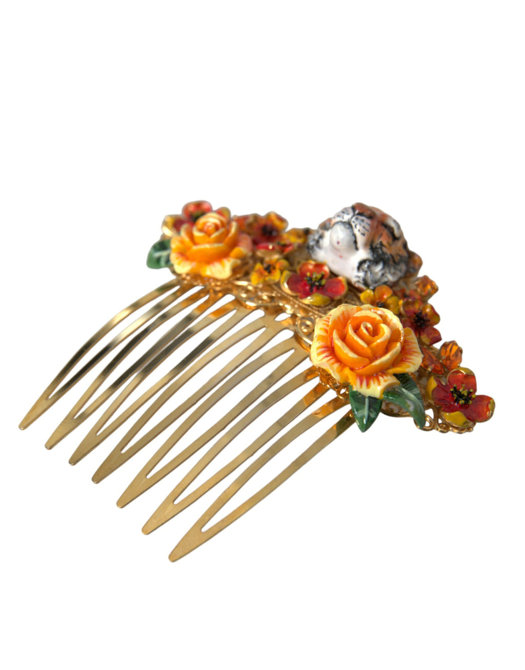 Dolce & Gabbana Gold Brass Crystal Leopard Floral Hair Comb - Maison Luxe