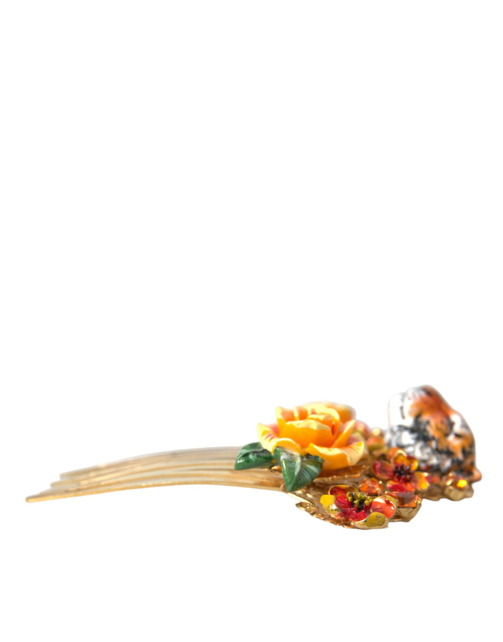 Dolce & Gabbana Gold Brass Crystal Leopard Floral Hair Comb - Maison Luxe