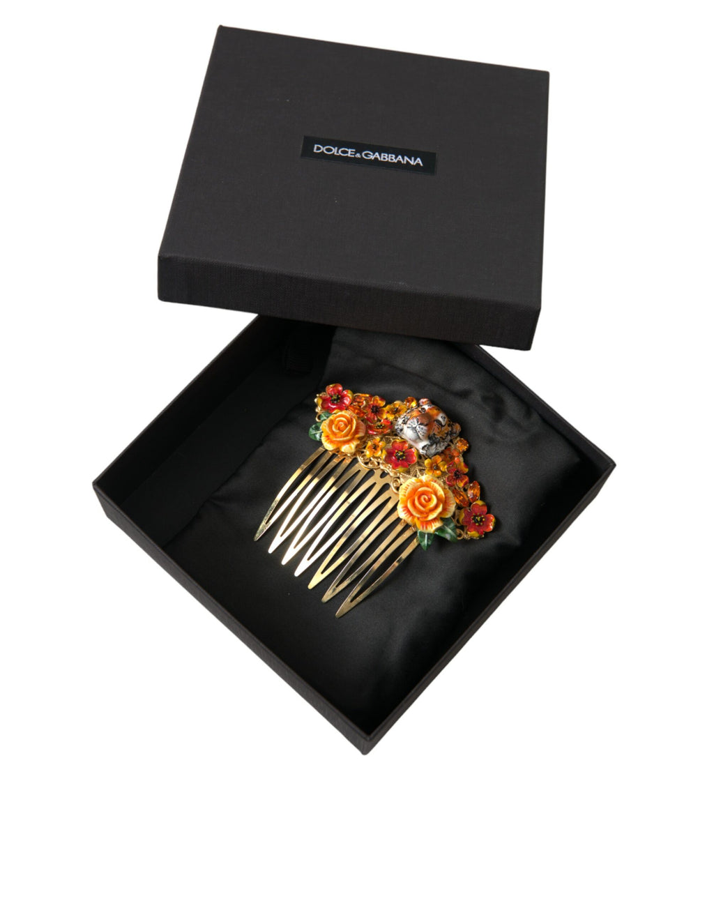 Dolce & Gabbana Gold Brass Crystal Leopard Floral Hair Comb - Maison Luxe