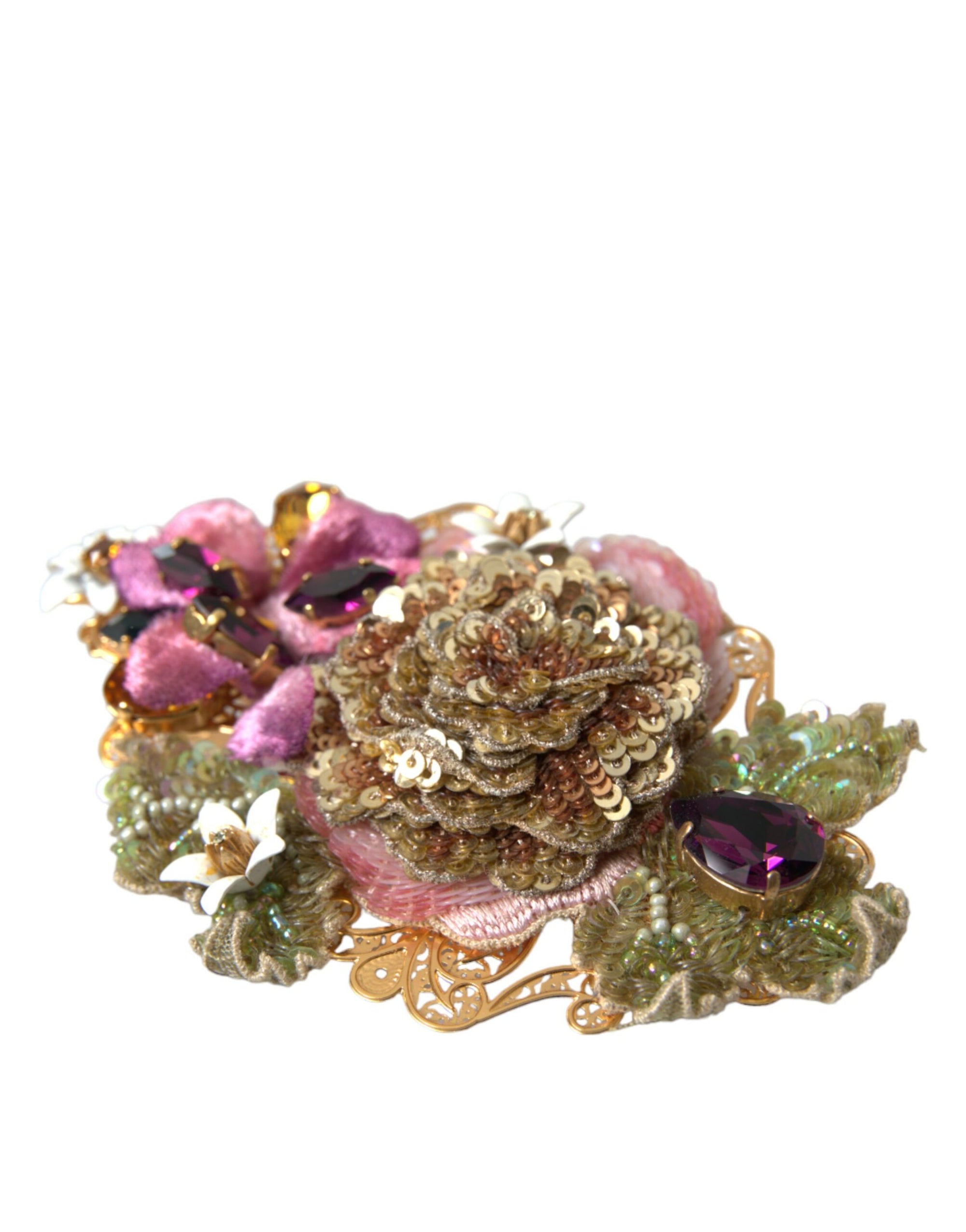 Dolce & Gabbana Gold Brass Floral Crystal Sequined Hair Clip - Maison Luxe