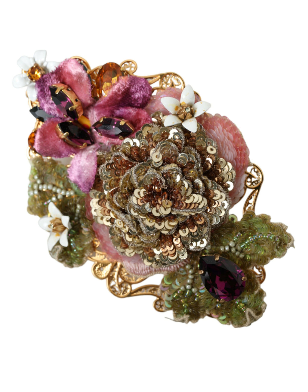 Dolce & Gabbana Gold Brass Floral Crystal Sequined Hair Clip - Maison Luxe