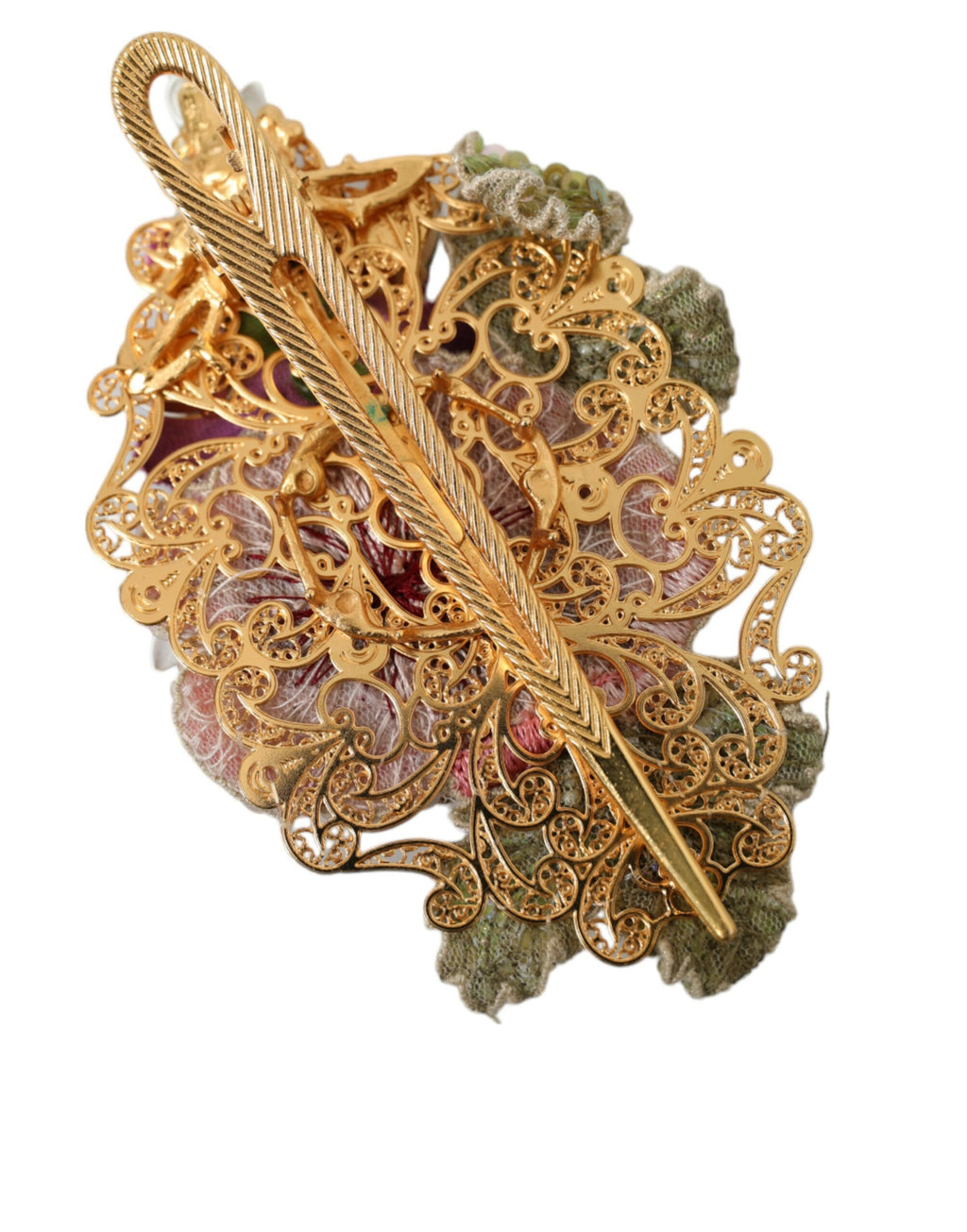 Dolce & Gabbana Gold Brass Floral Crystal Sequined Hair Clip - Maison Luxe