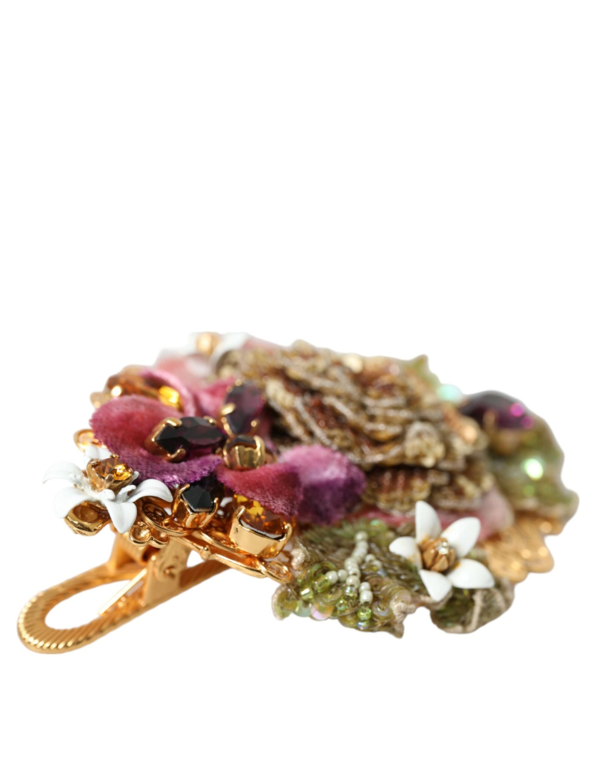 Dolce & Gabbana Gold Brass Floral Crystal Sequined Hair Clip - Maison Luxe