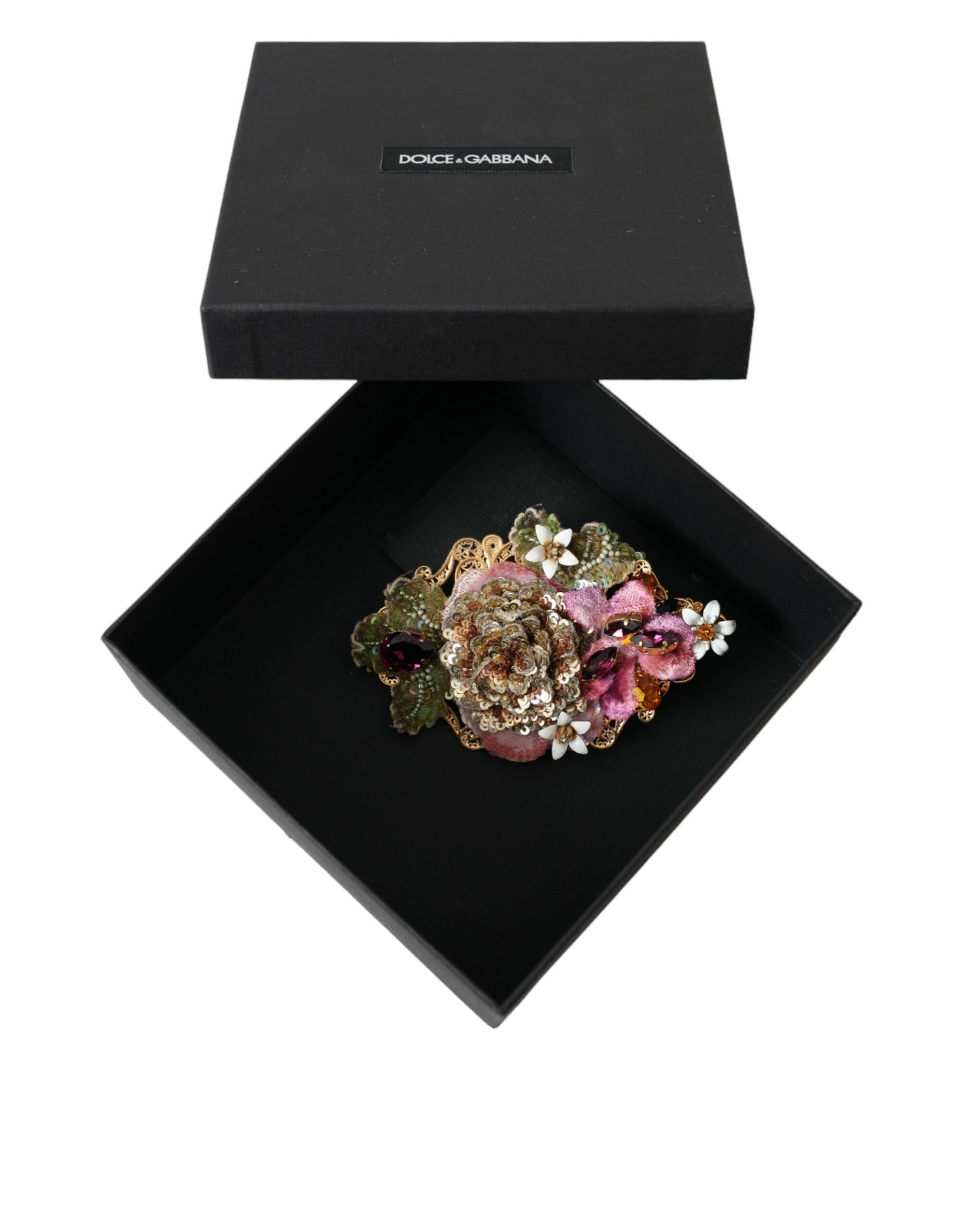 Dolce & Gabbana Gold Brass Floral Crystal Sequined Hair Clip - Maison Luxe