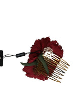 Dolce & Gabbana Red Silk Floral Gold Brass Women Hair Comb - Maison Luxe