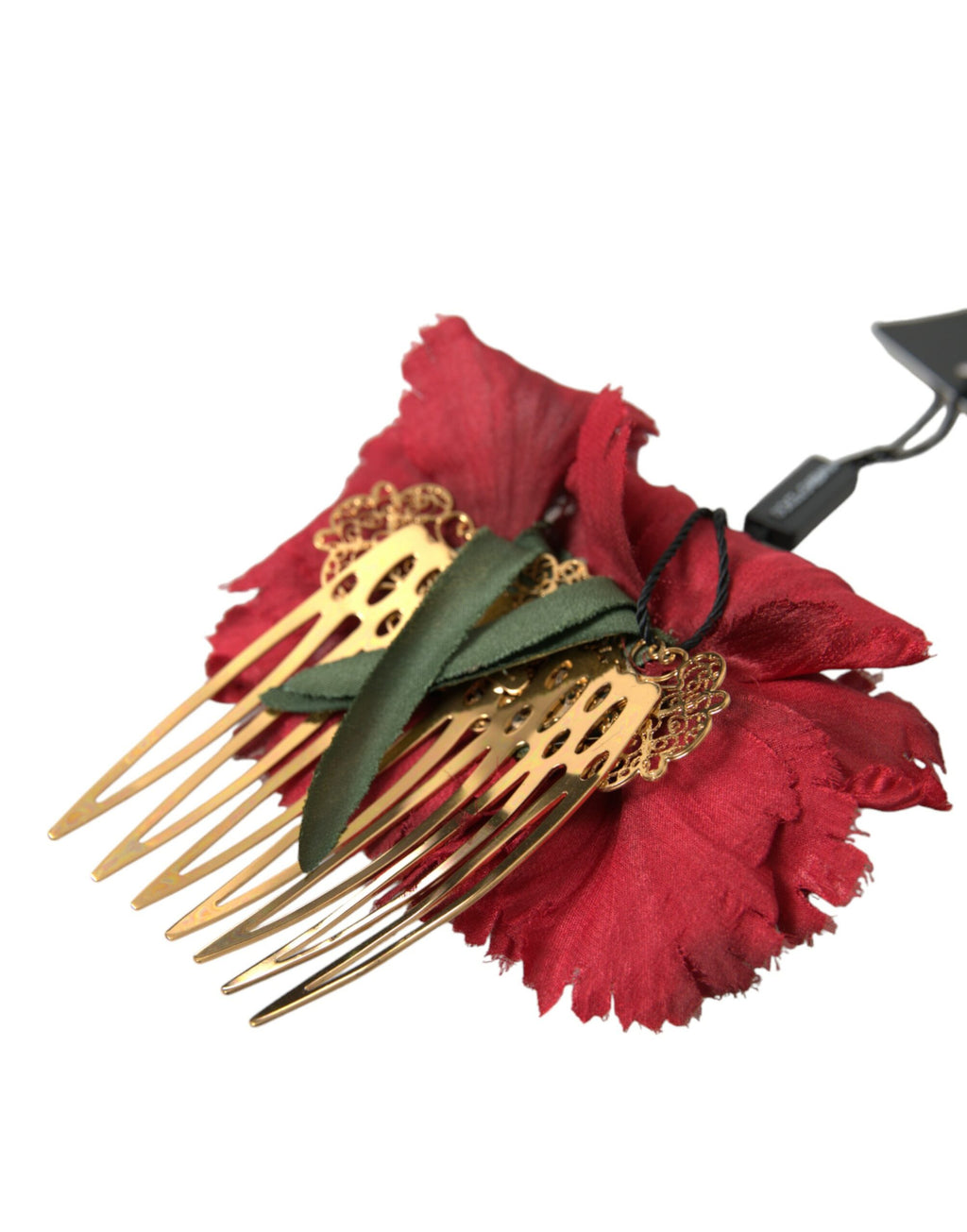 Dolce & Gabbana Red Silk Floral Gold Brass Women Hair Comb - Maison Luxe