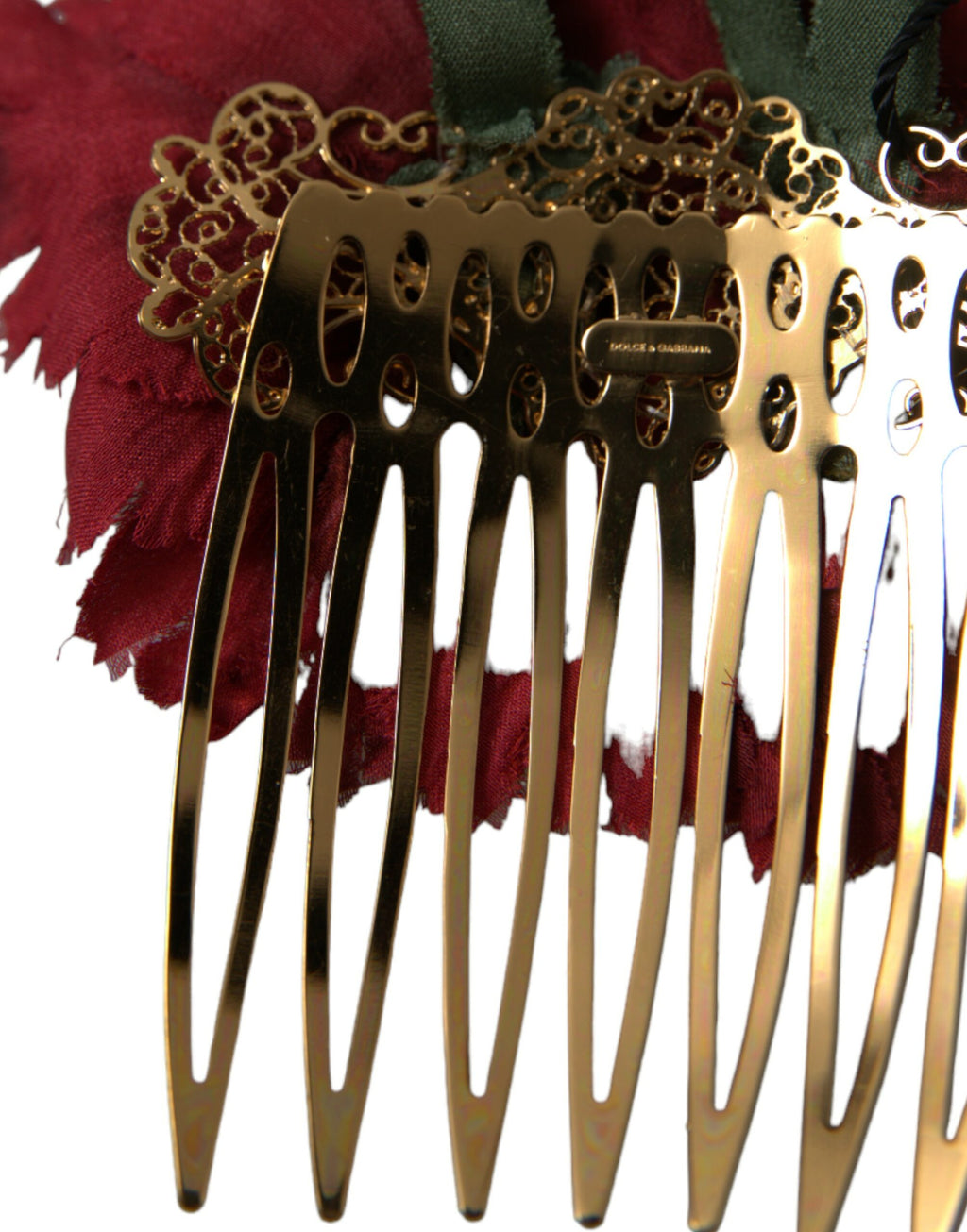Dolce & Gabbana Red Silk Floral Gold Brass Women Hair Comb - Maison Luxe