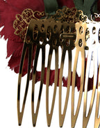 Dolce & Gabbana Red Silk Floral Gold Brass Women Hair Comb - Maison Luxe