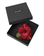 Dolce & Gabbana Red Silk Floral Gold Brass Women Hair Comb - Maison Luxe