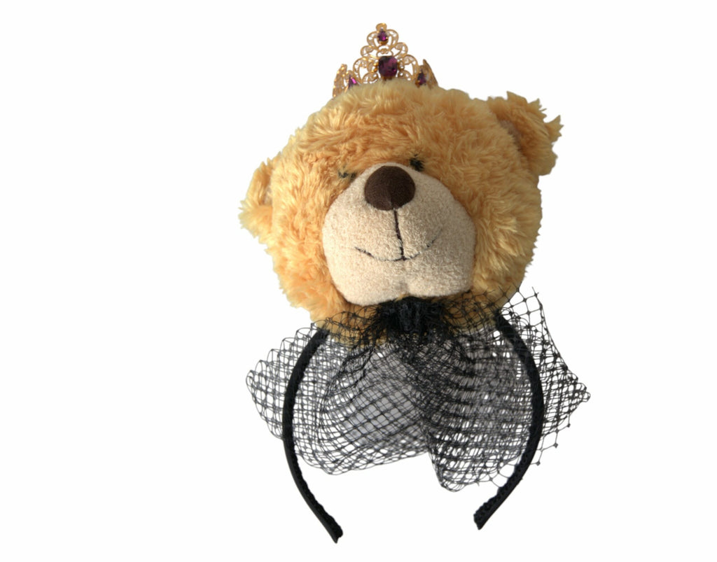 Dolce & Gabbana Brown Teddy Bear Gold Crystal Crown Hair Band Diadem - Maison Luxe