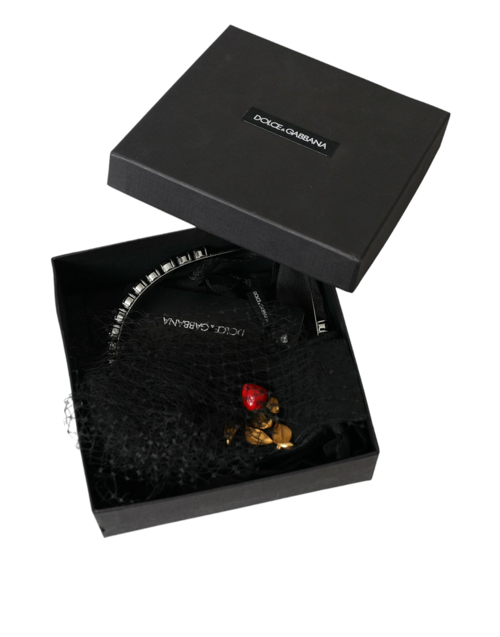 Dolce & Gabbana Black Strawberry Sicily Crystal Mesh Net Headband Diadem - Maison Luxe