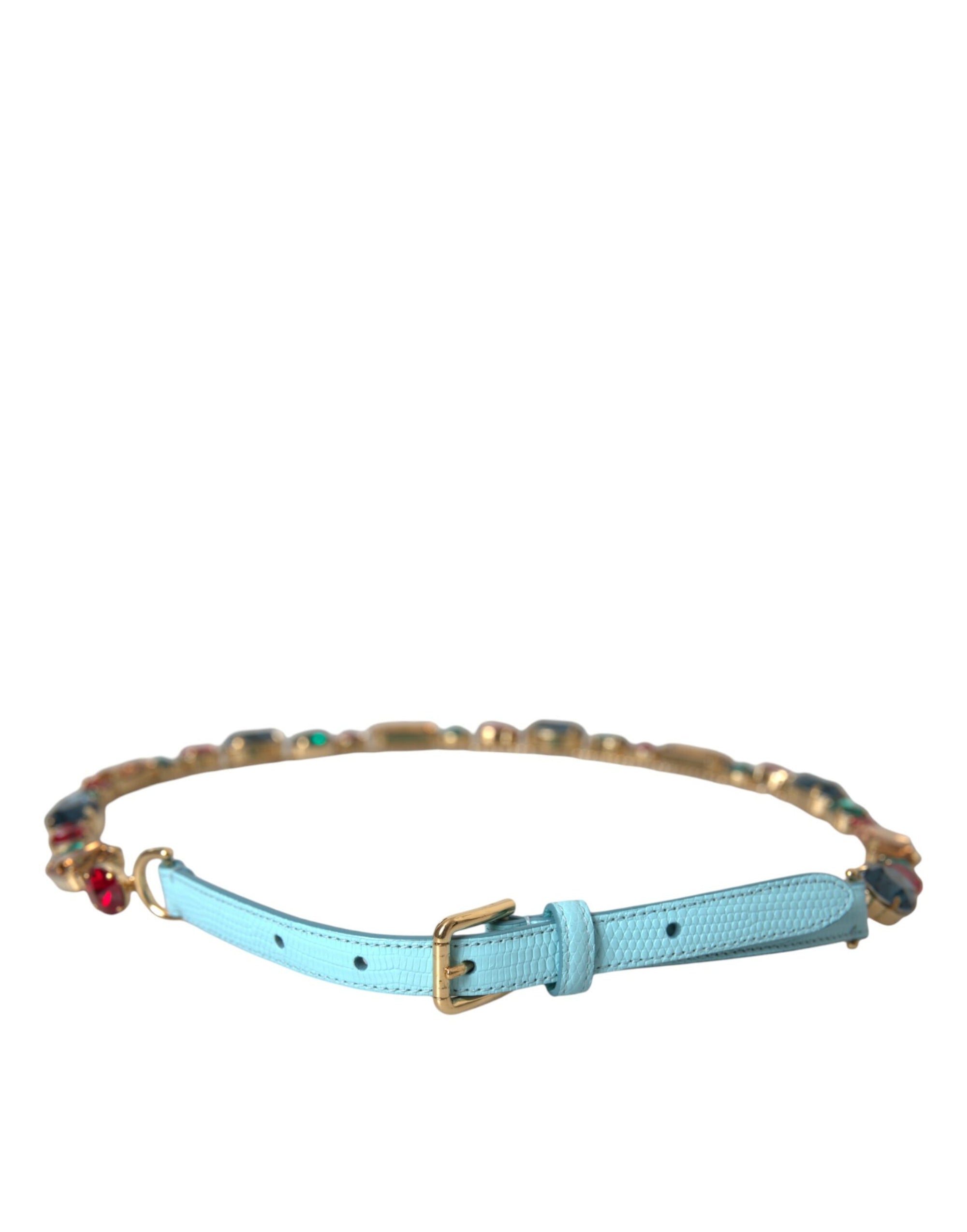 Dolce & Gabbana Light Blue Leather Crystal Chain Waist Belt - Maison Luxe