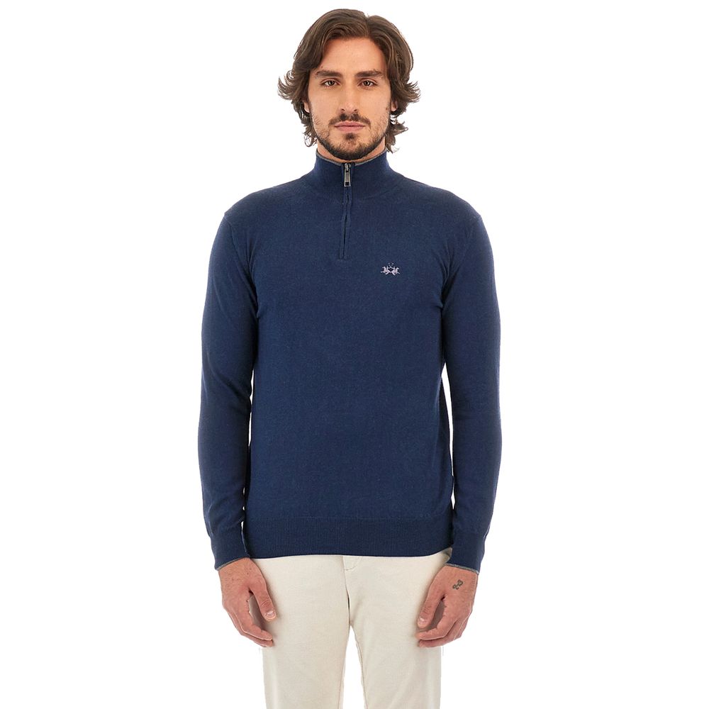 La Martina Blue Wool Men Sweater with Half Zip Closure
