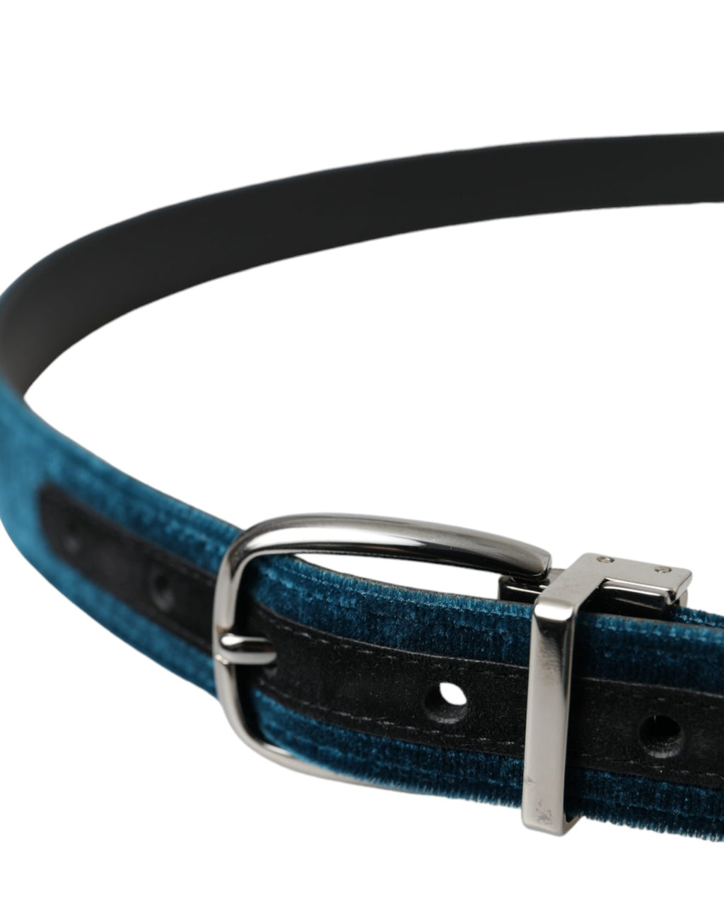 Dolce & Gabbana Blue Velvet Leather Silver Metal Buckle Belt - Maison Luxe