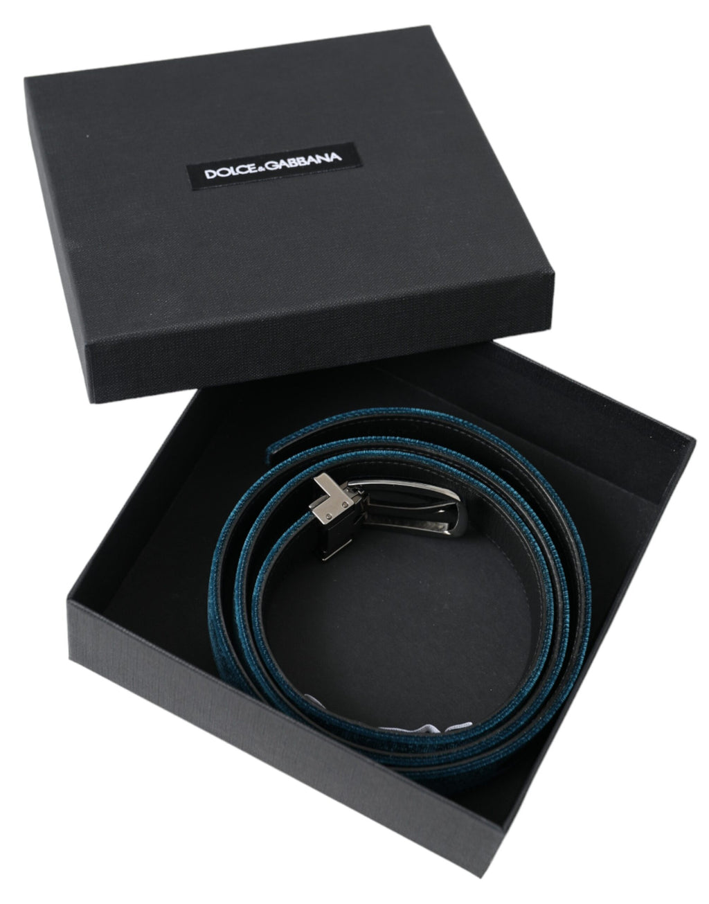 Dolce & Gabbana Blue Velvet Leather Silver Metal Buckle Belt - Maison Luxe