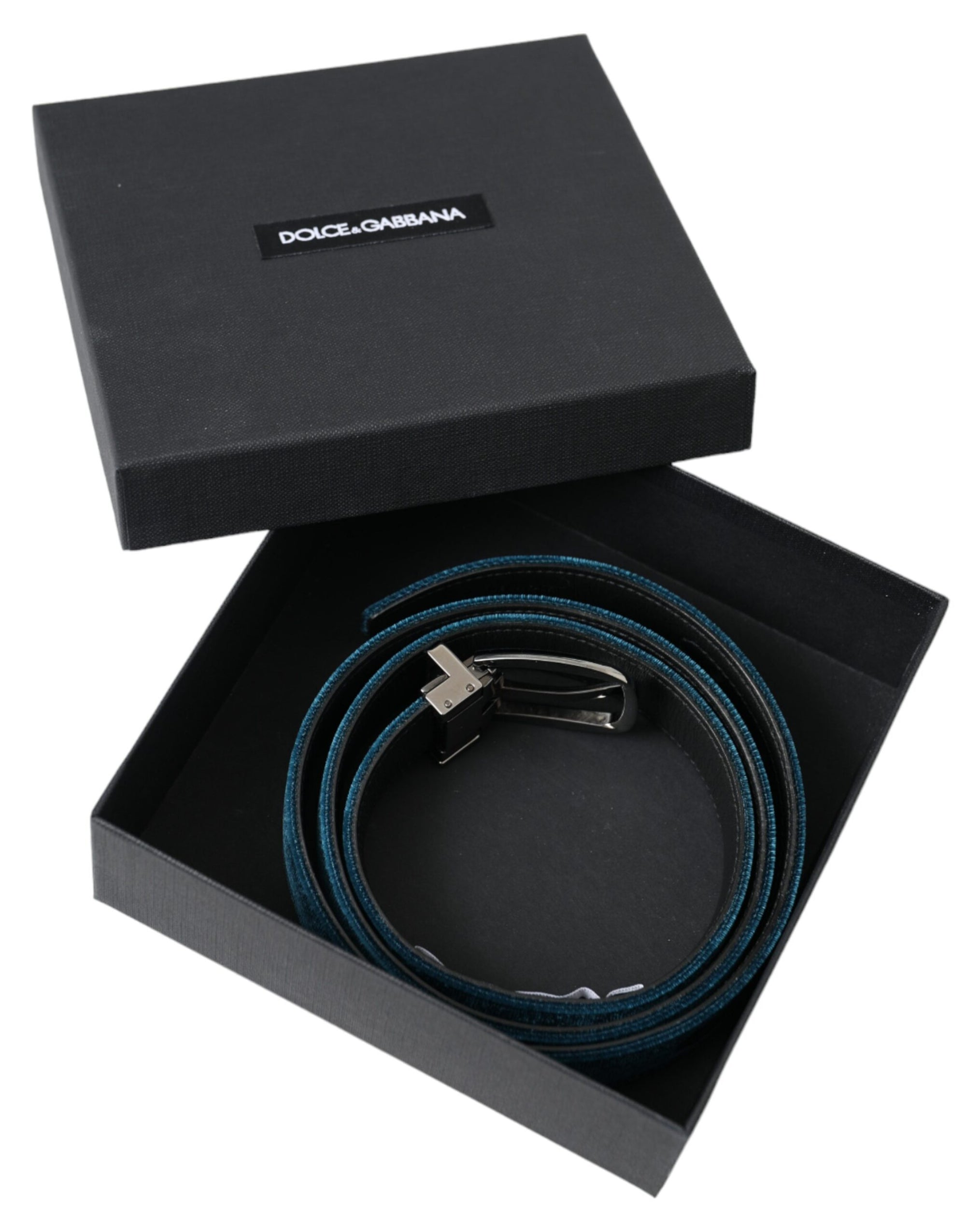 Dolce & Gabbana Blue Velvet Leather Silver Metal Buckle Belt - Maison Luxe