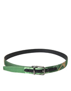 Dolce & Gabbana Green Leather Jacquard Silver Metal Buckle Belt - Maison Luxe