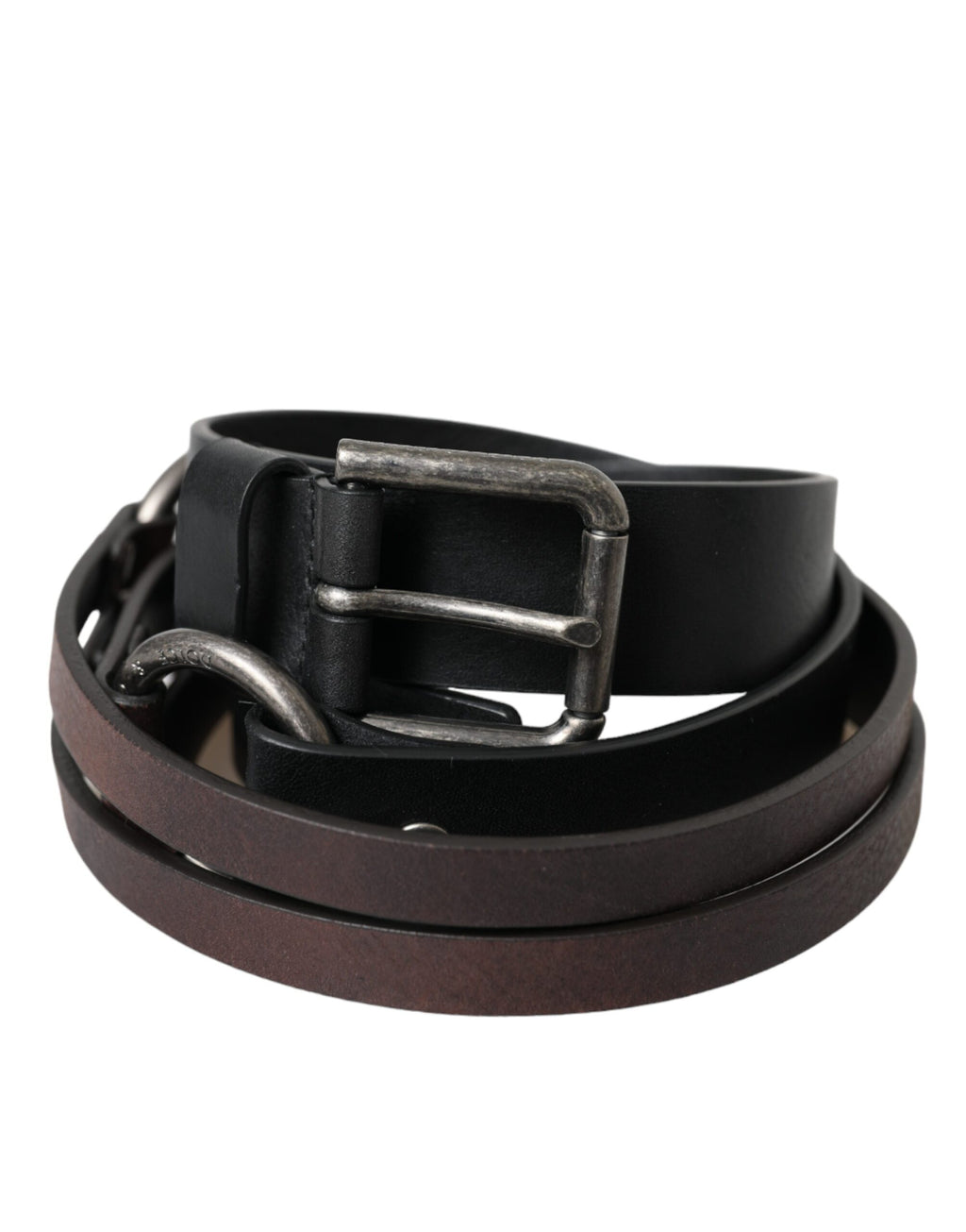 Dolce & Gabbana Black Brown Leather Silver Metal Buckle Belt - Maison Luxe