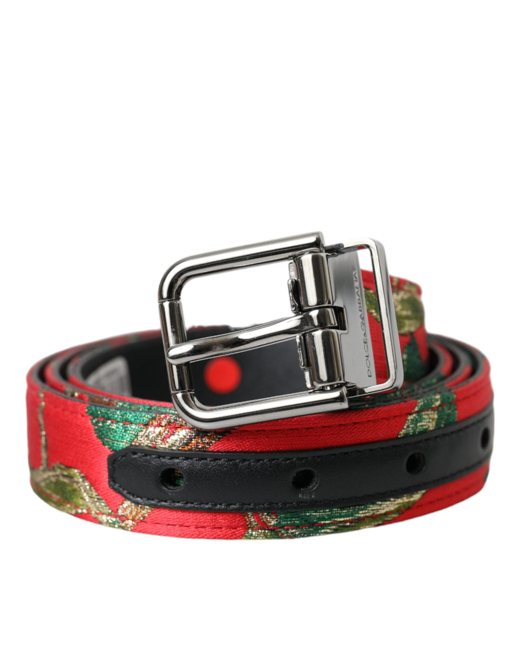 Dolce & Gabbana Red Leather Jacquard Silver Metal Buckle Belt - Maison Luxe