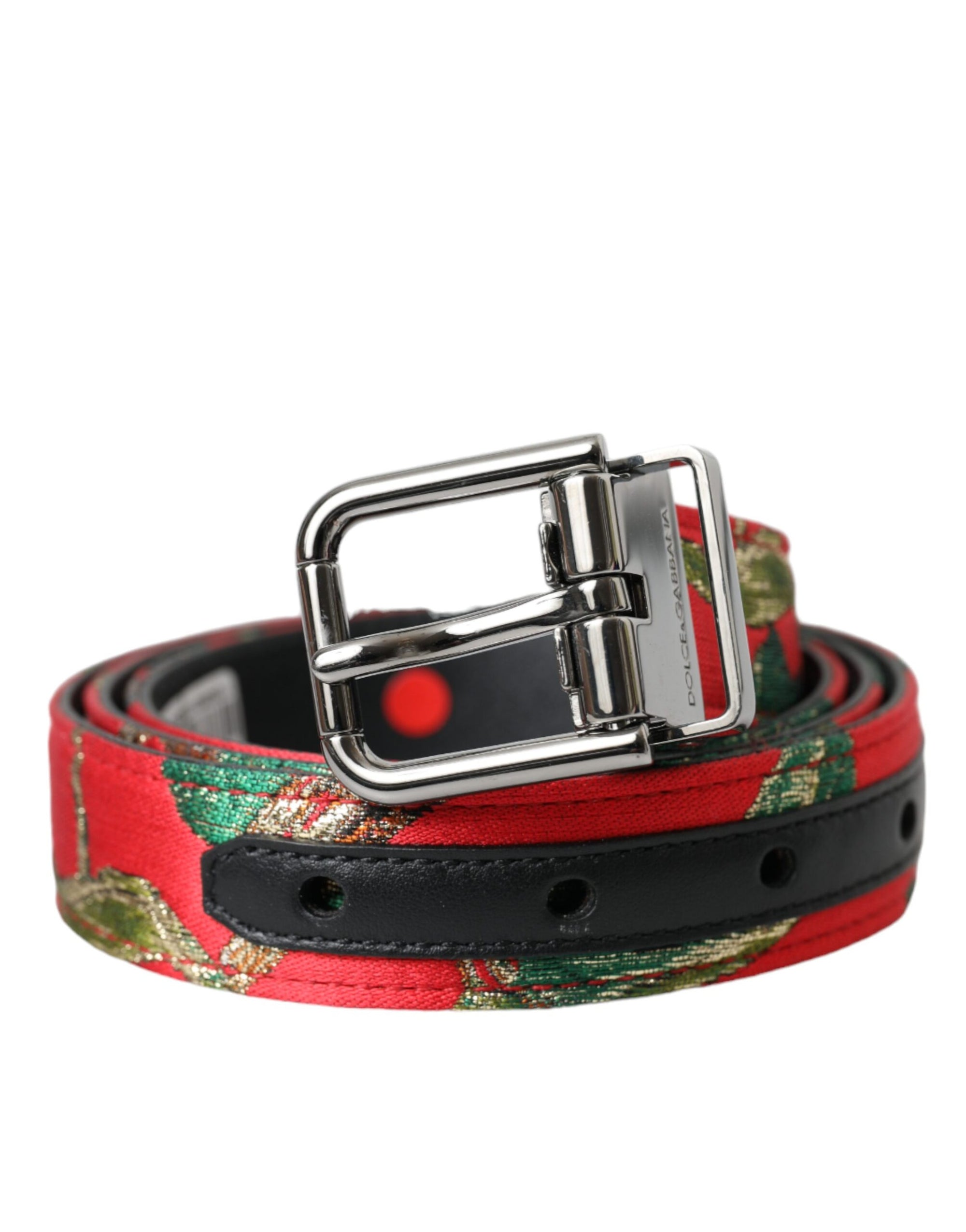 Dolce & Gabbana Red Leather Jacquard Silver Metal Buckle Belt - Maison Luxe