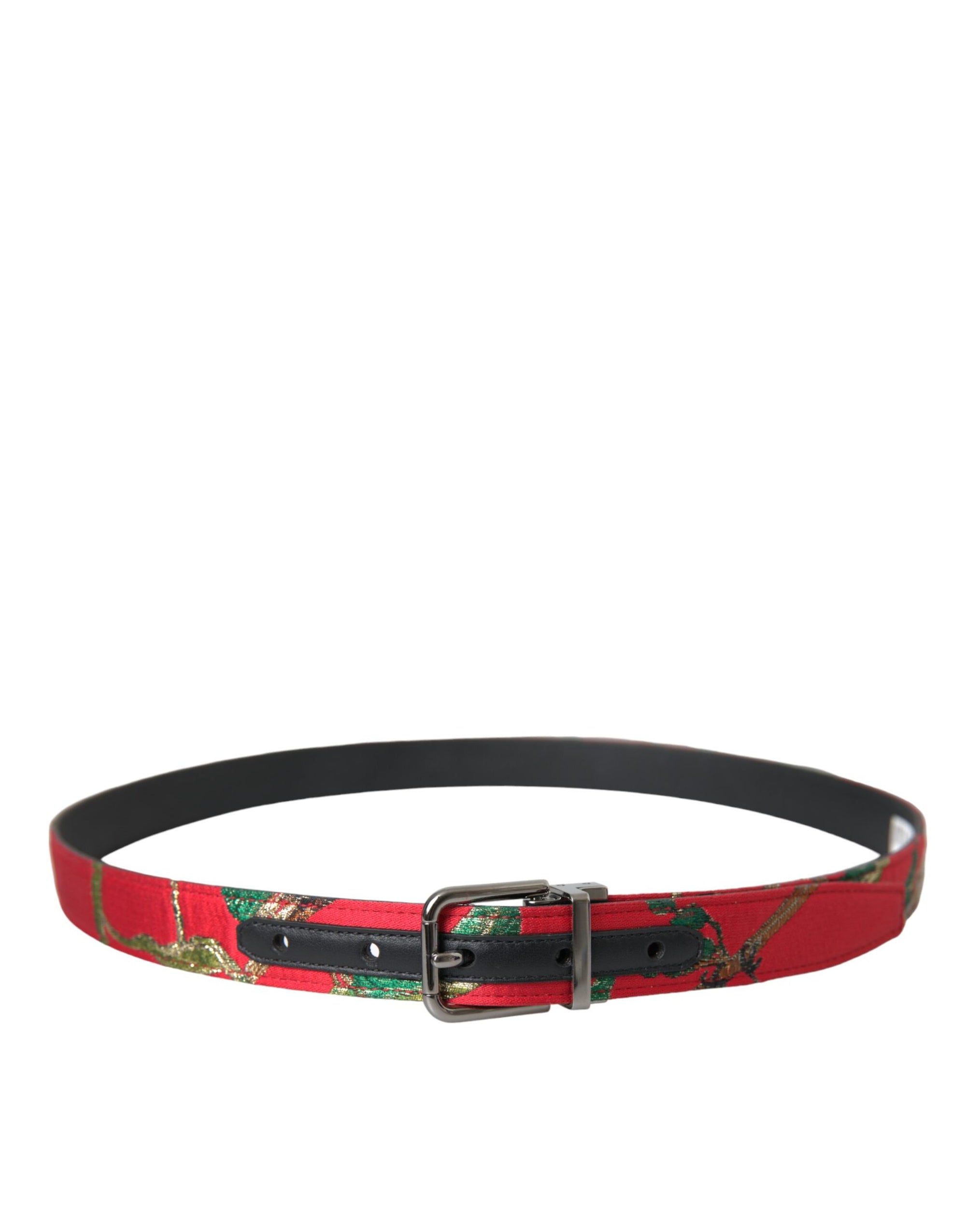 Dolce & Gabbana Red Leather Jacquard Silver Metal Buckle Belt - Maison Luxe